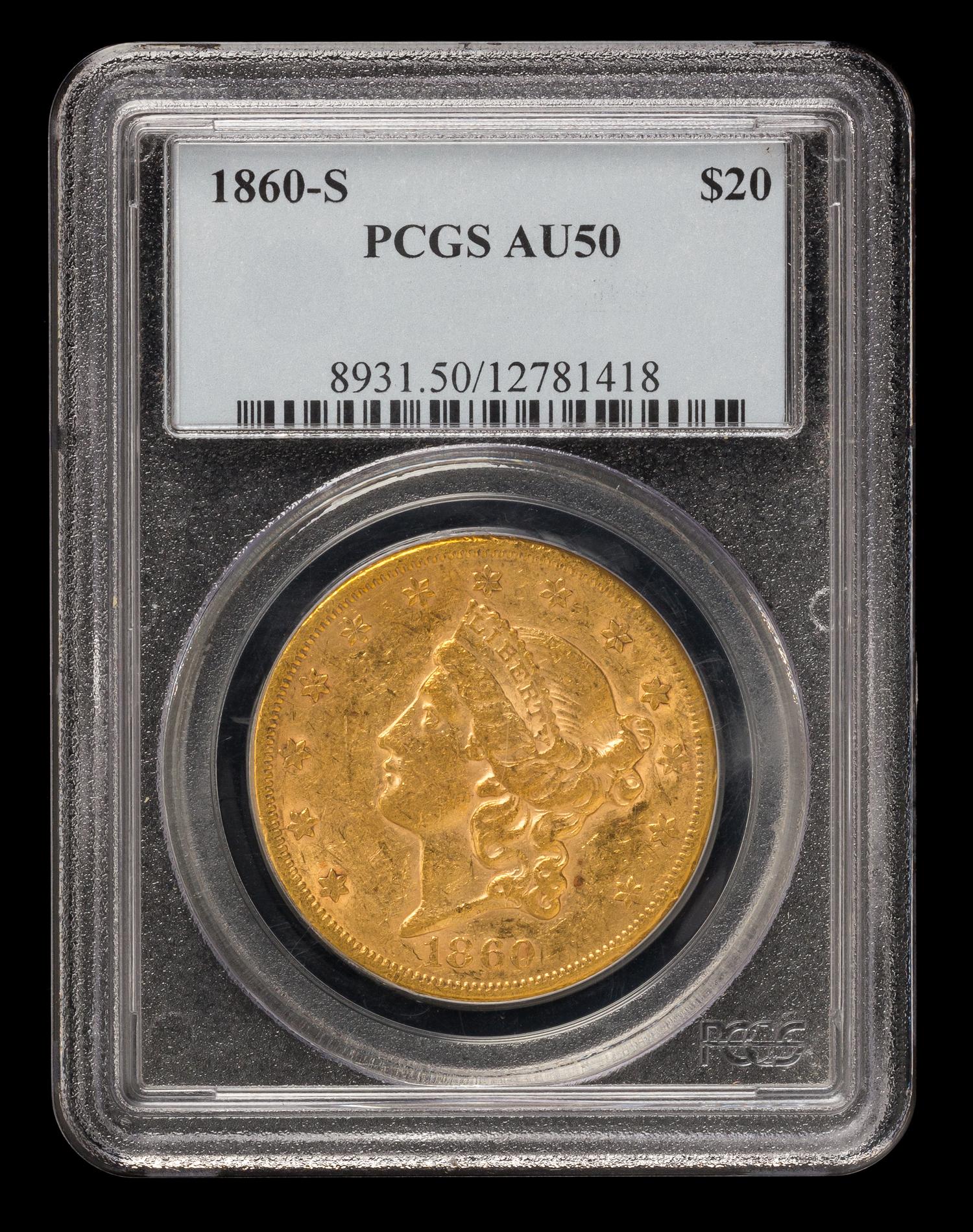 A United States 1860-S Liberty Head $20 Gold Coin