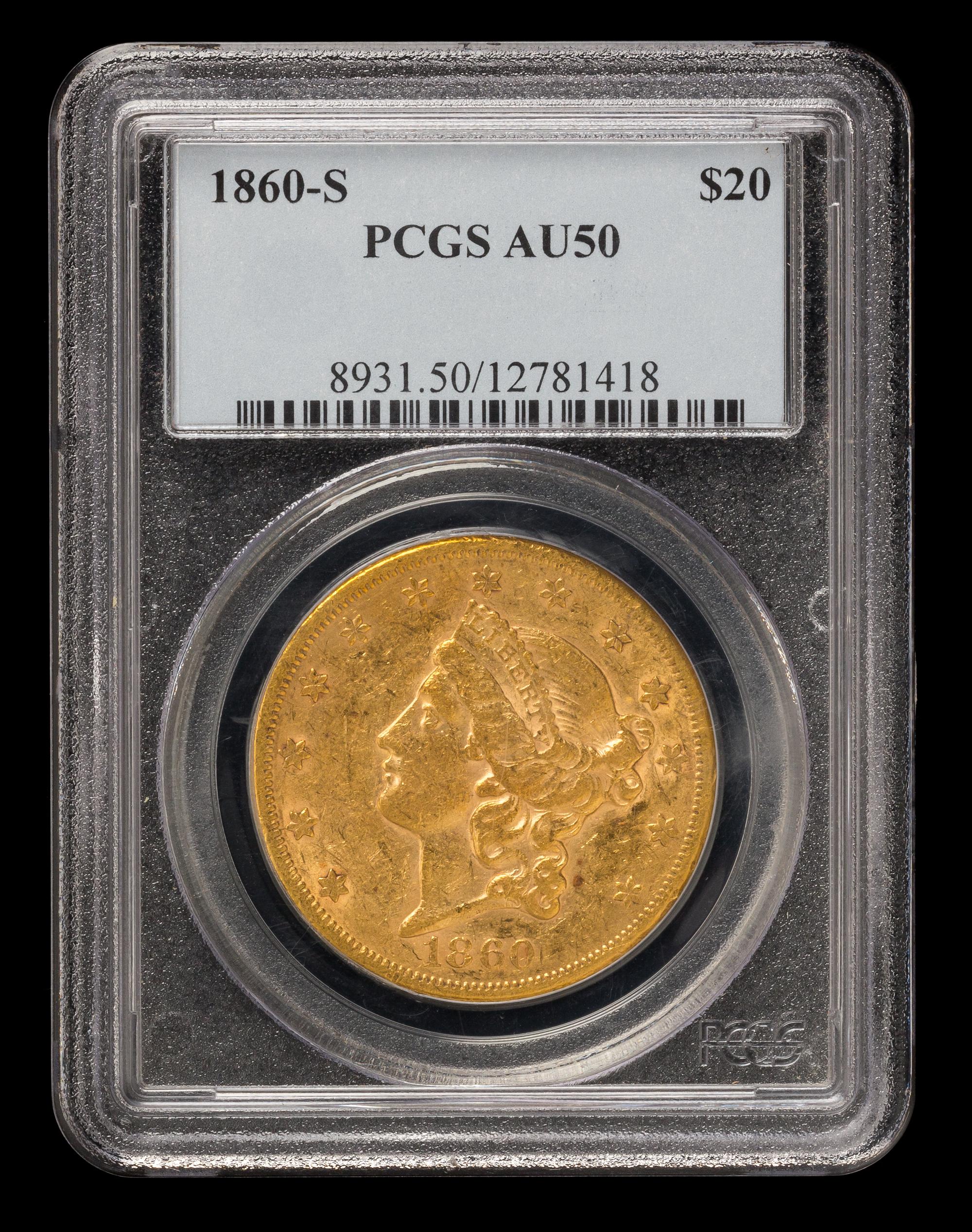 A United States 1860-S Liberty Head $20 Gold Coin