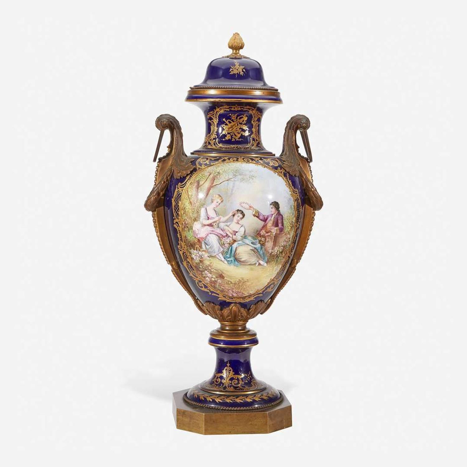 A Large Gilt Bronze Mounted Sèvres Style Cobalt Ground Porcelain Urn late 19th century