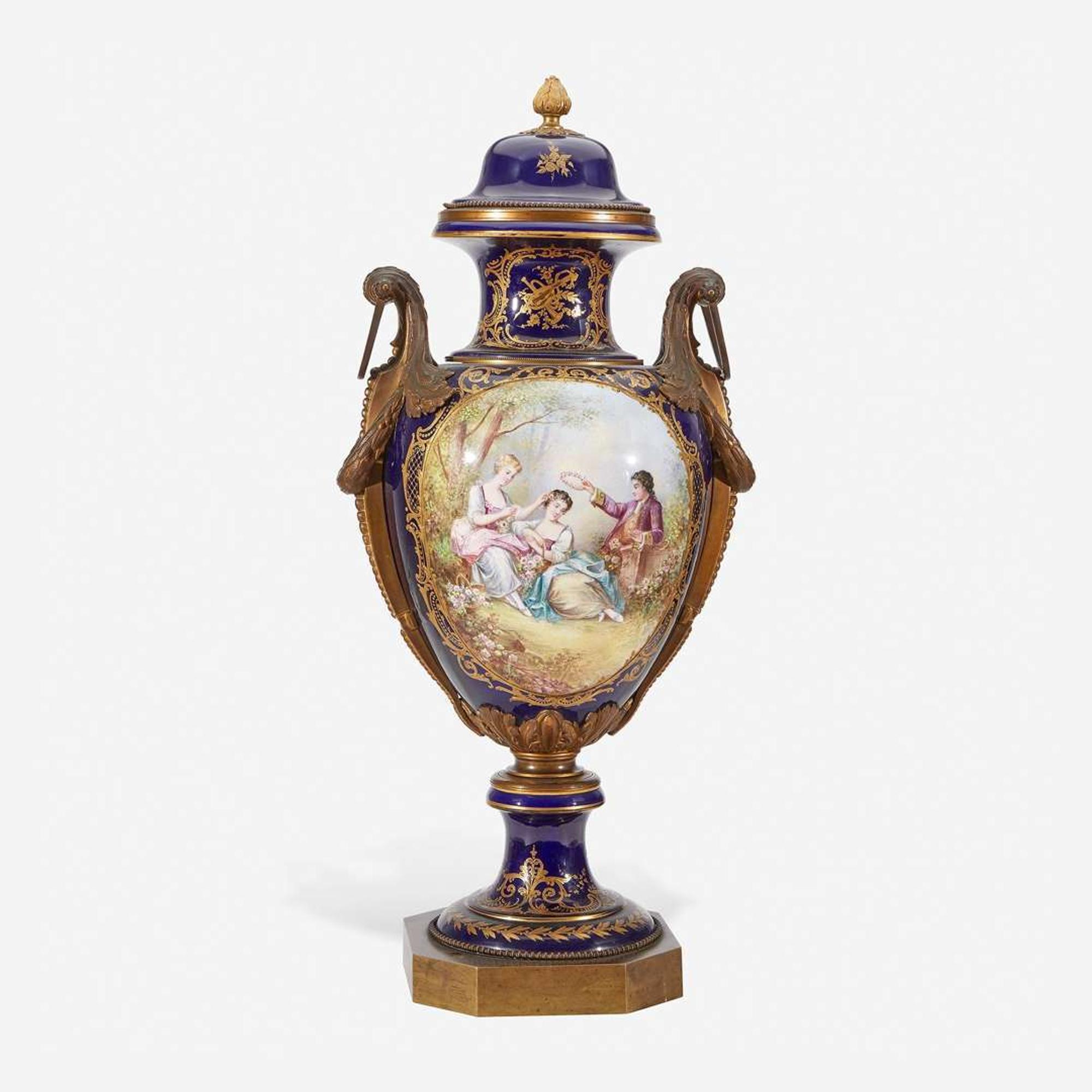 A Large Gilt Bronze Mounted Sèvres Style Cobalt Ground Porcelain Urn late 19th century