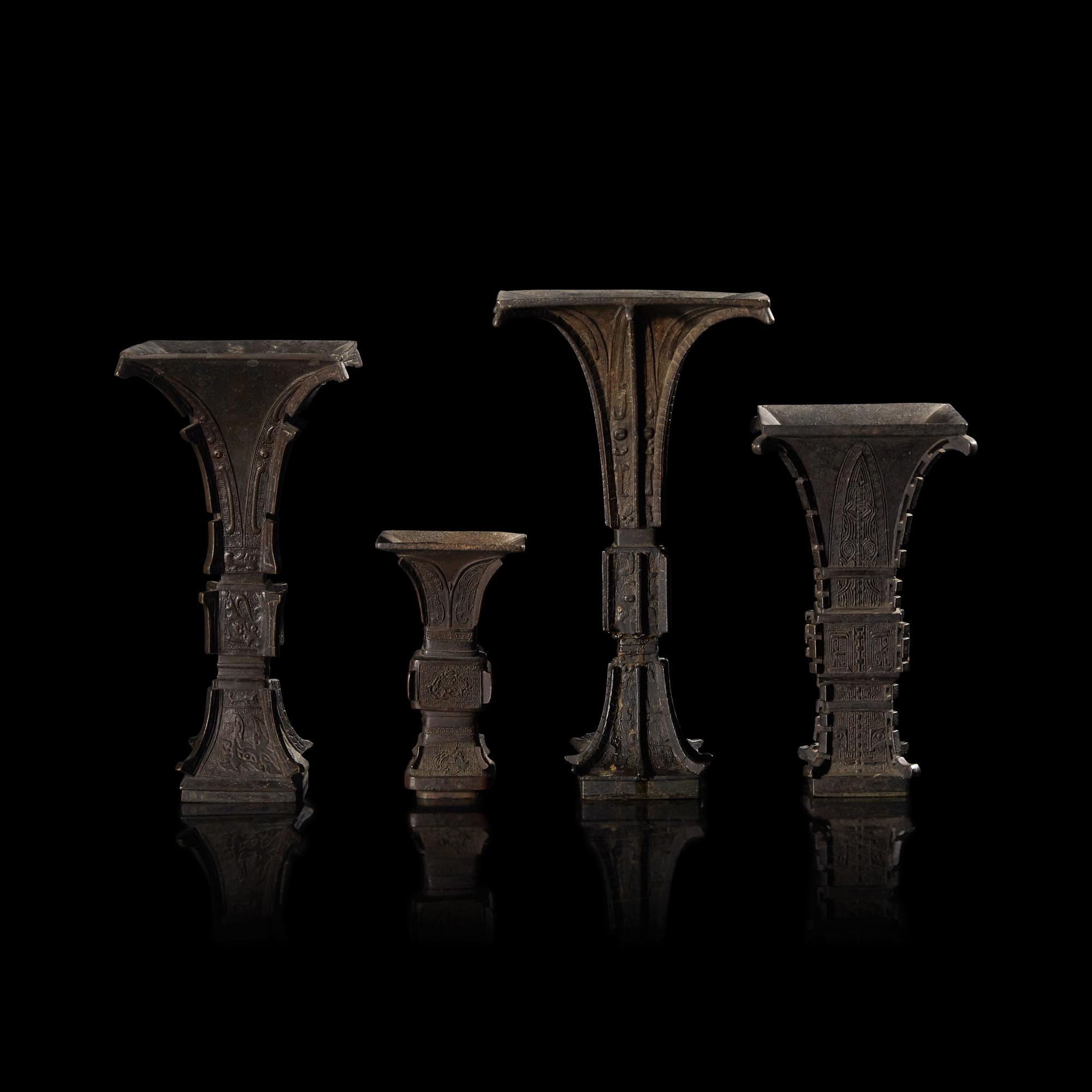 Four Chinese Archaistic Patinated Bronze Vases, Gu, Late Ming to Qing Dynasty 晚明-清 仿古銅花觚四件