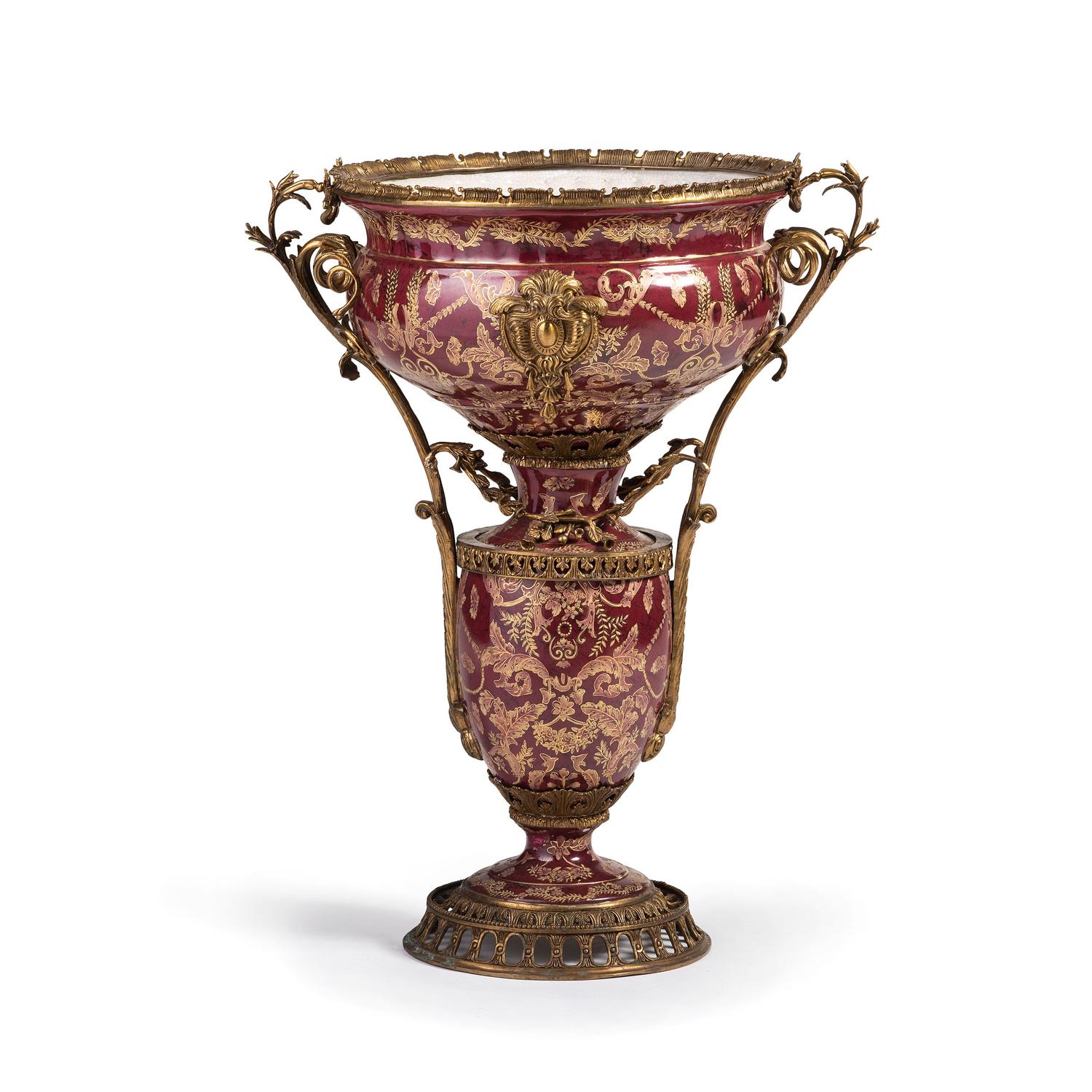 A Gilt Metal Mounted Glazed Earthenware Floor Vase