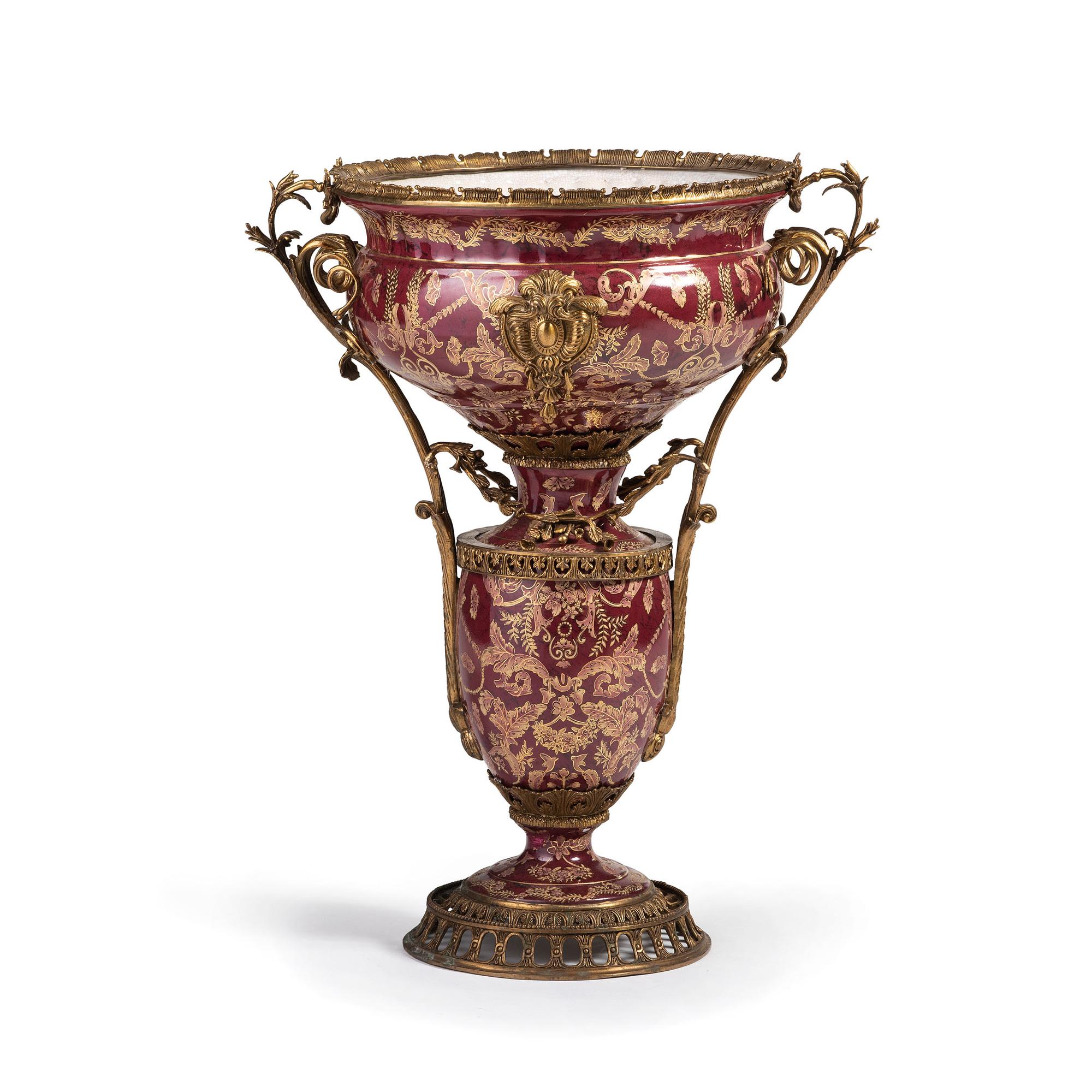 A Gilt Metal Mounted Glazed Earthenware Floor Vase