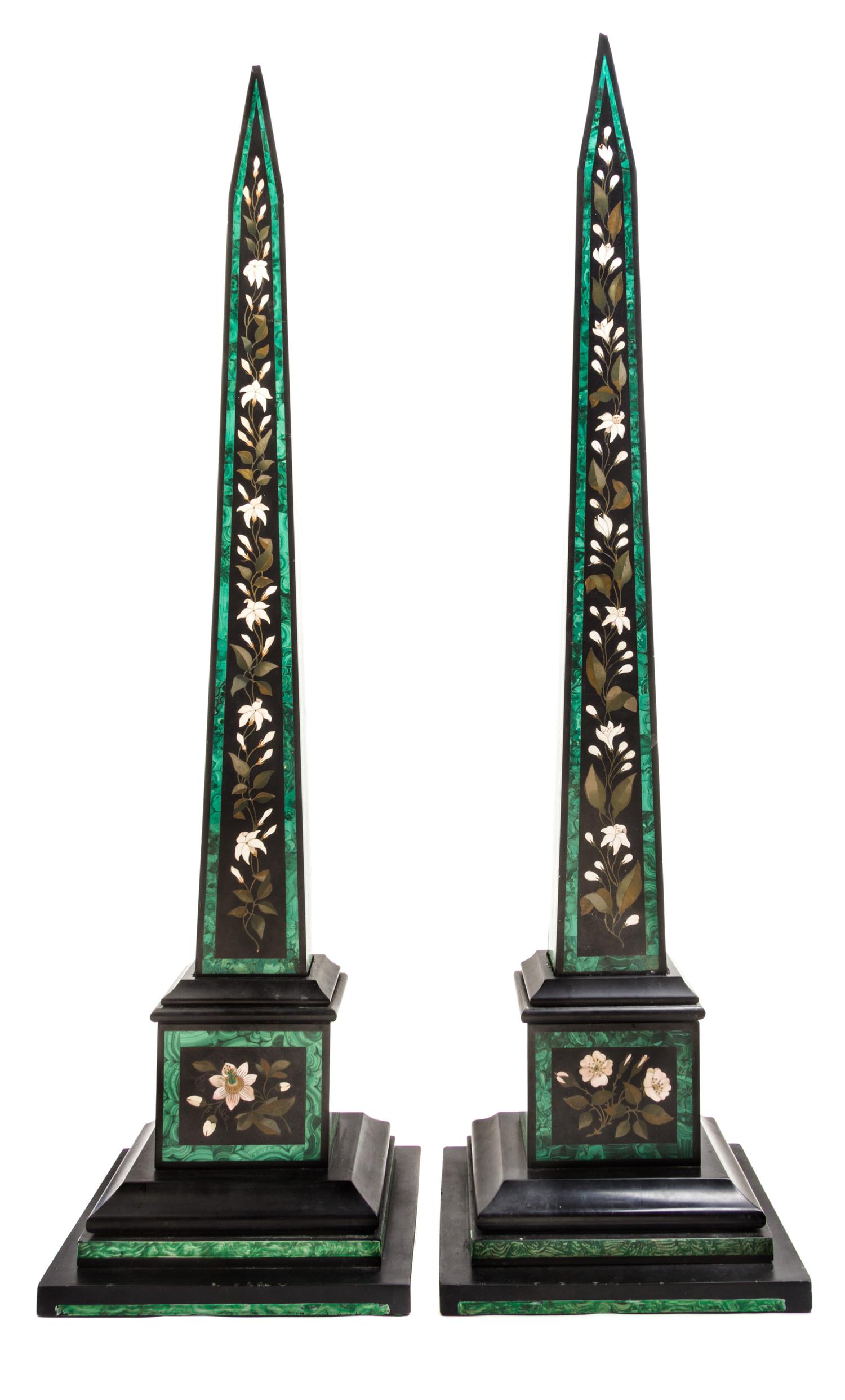 A Pair of Pietra Dura Obelisks Height 44 inches.