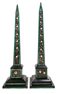 A Pair of Pietra Dura Obelisks Height 44 inches.