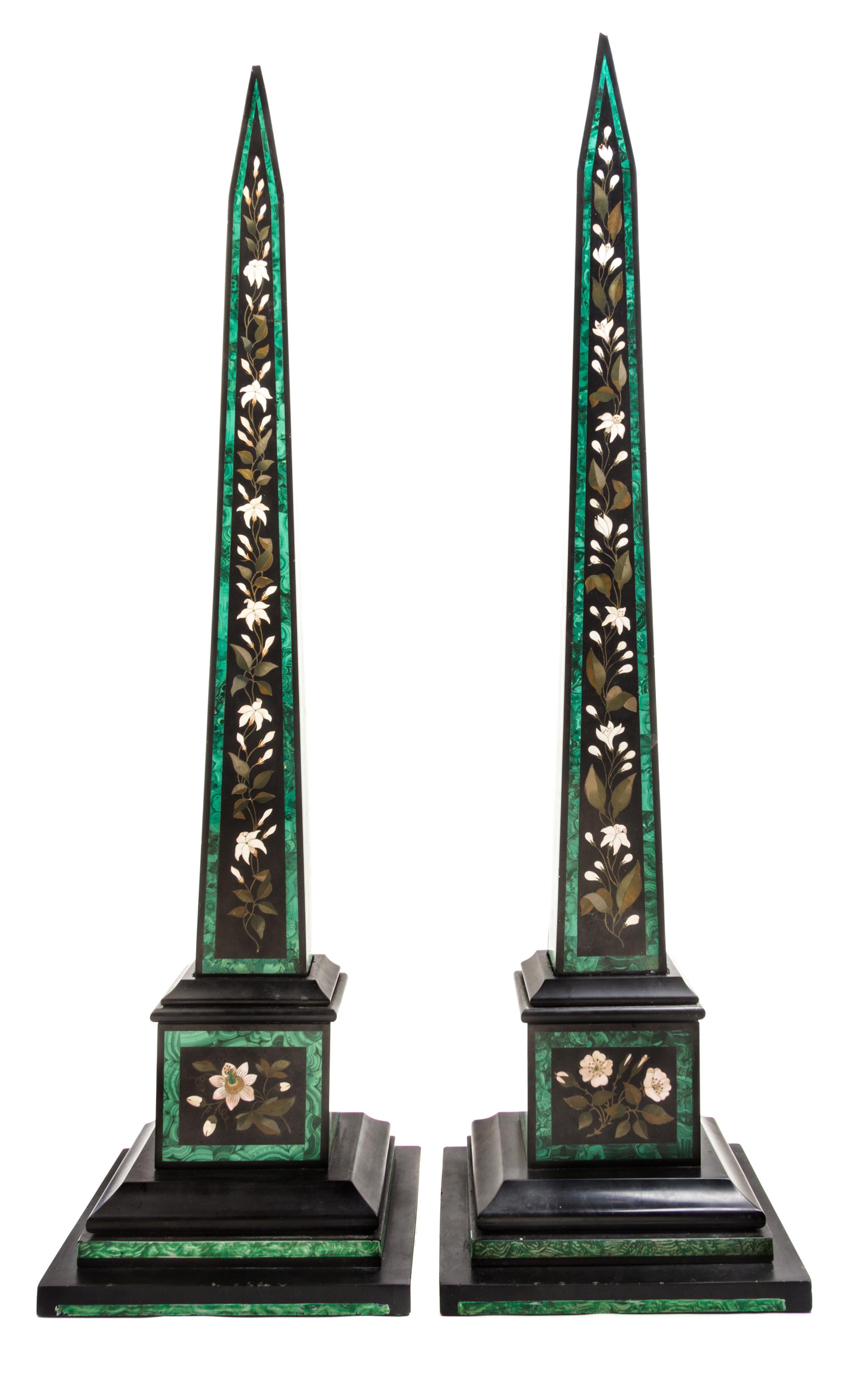 A Pair of Pietra Dura Obelisks Height 44 inches.