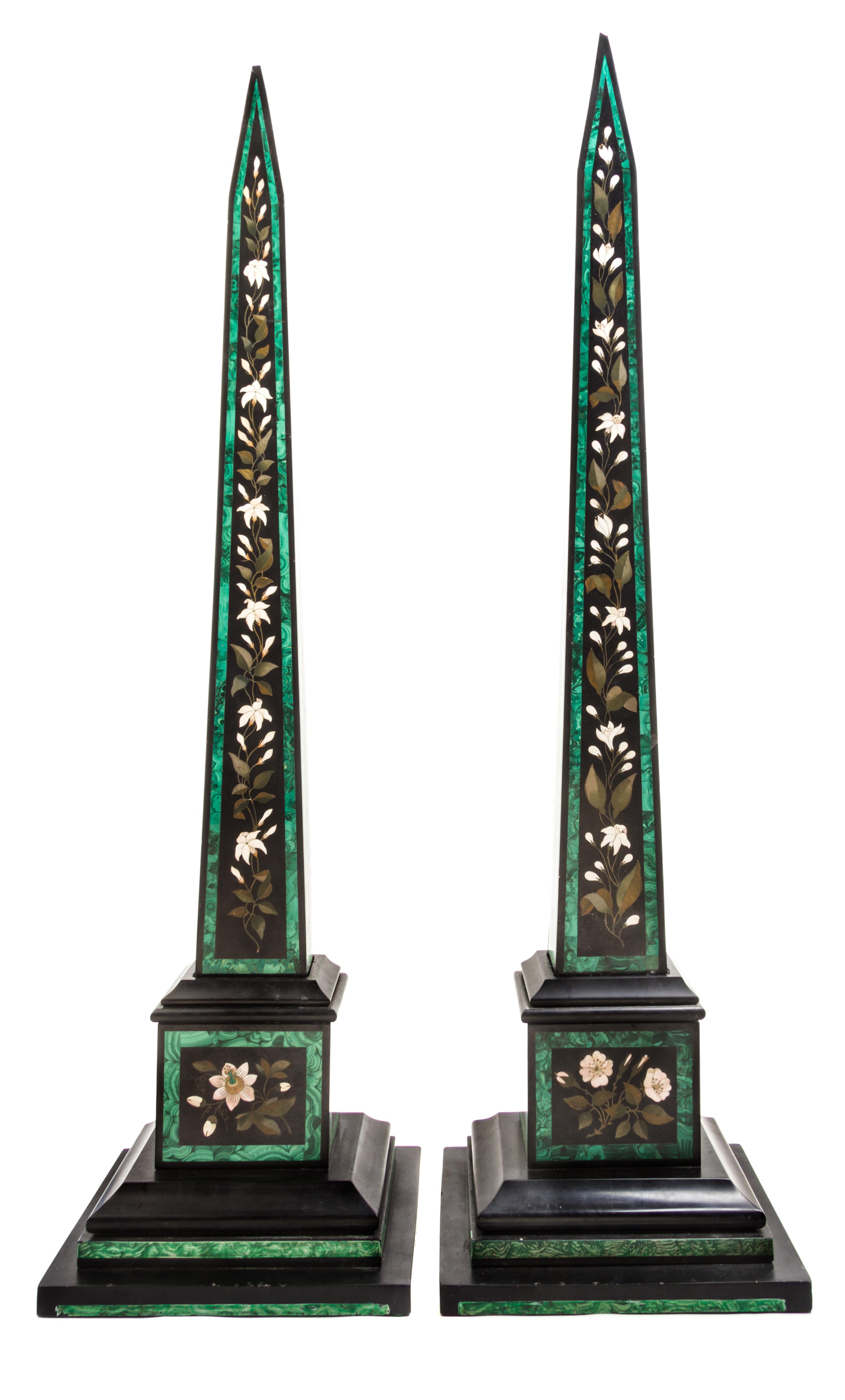 A Pair of Pietra Dura Obelisks Height 44 inches.