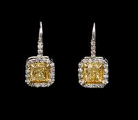 A Pair of Platinum, Yellow Gold, Fancy Color Diamond and Diamond Earrings, 2.60 dwts.