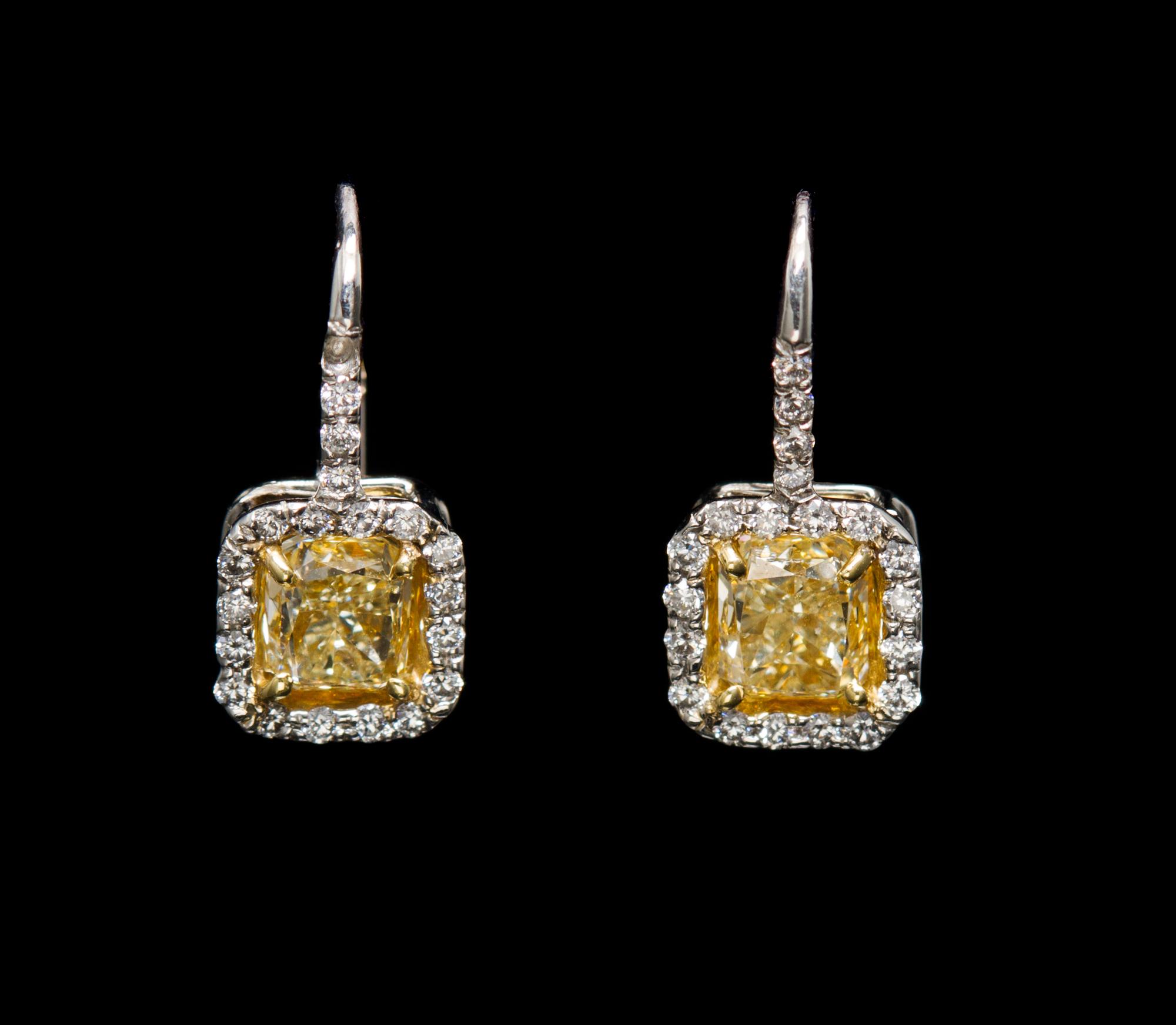 A Pair of Platinum, Yellow Gold, Fancy Color Diamond and Diamond Earrings, 2.60 dwts.