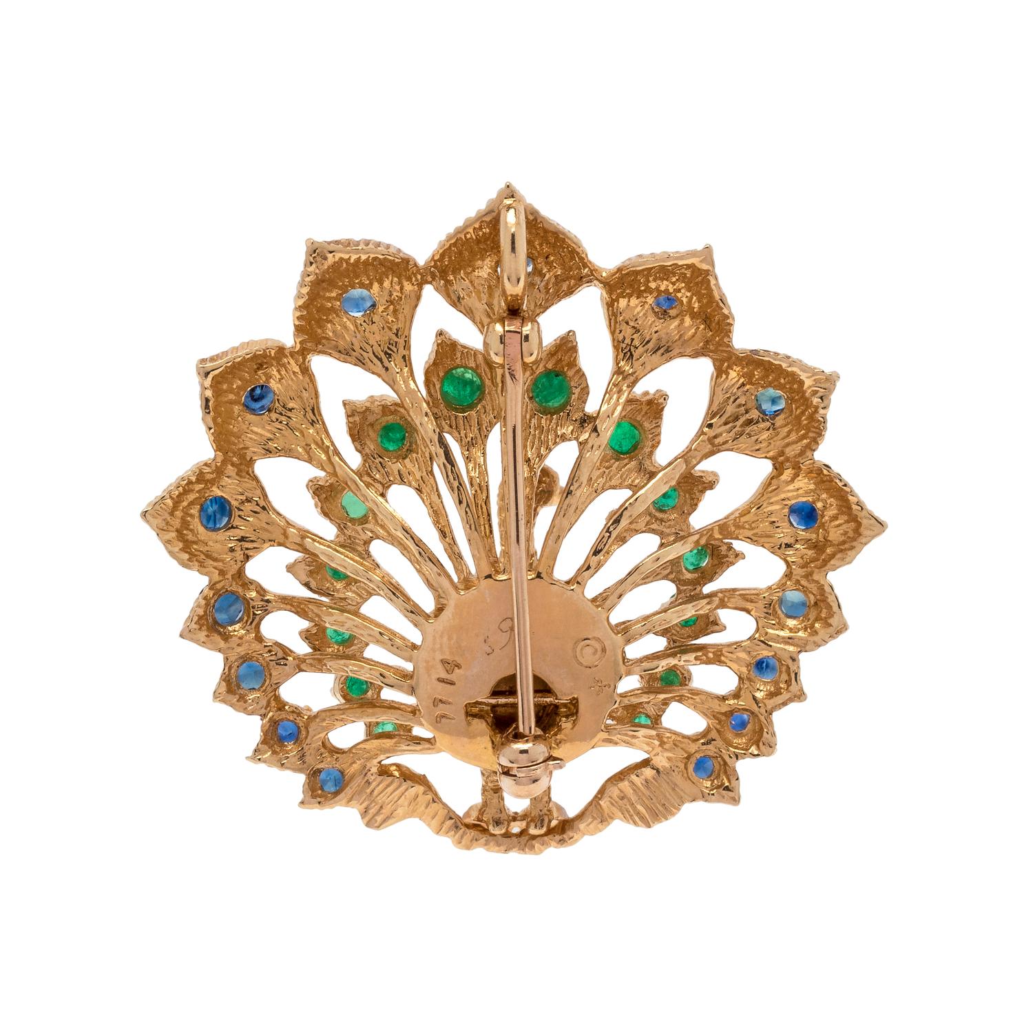 YELLOW GOLD, EMERALD AND SAPPHIRE PEACOCK PENDANT/BROOCH