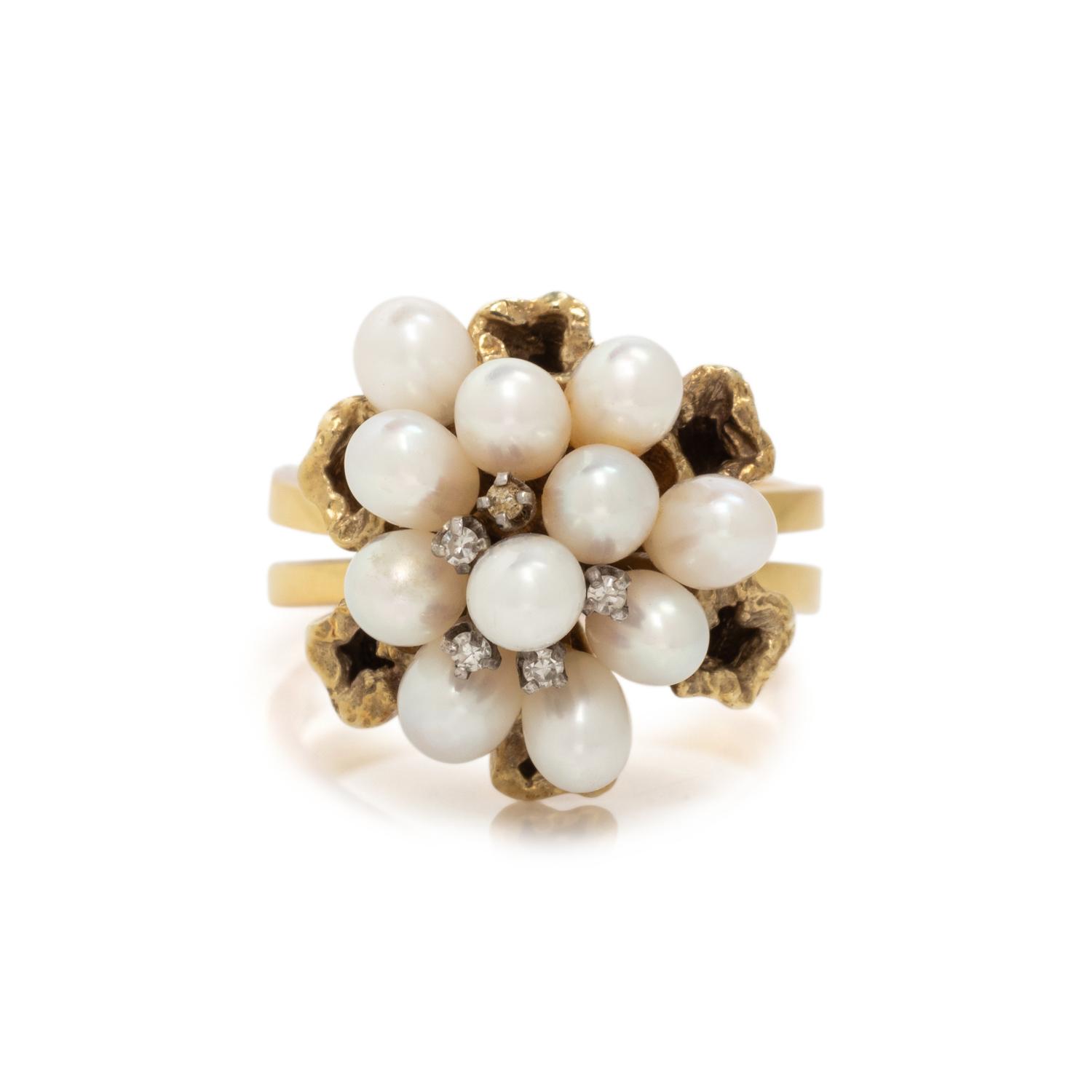 CULTURED PEARL AND DIAMOND CLUSTER RING
