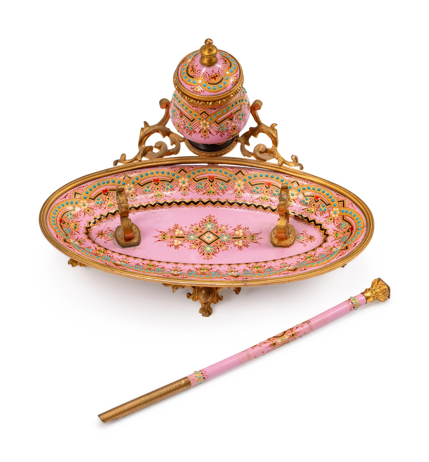 A French Gilt Bronze and Enameled Copper Ink Stand