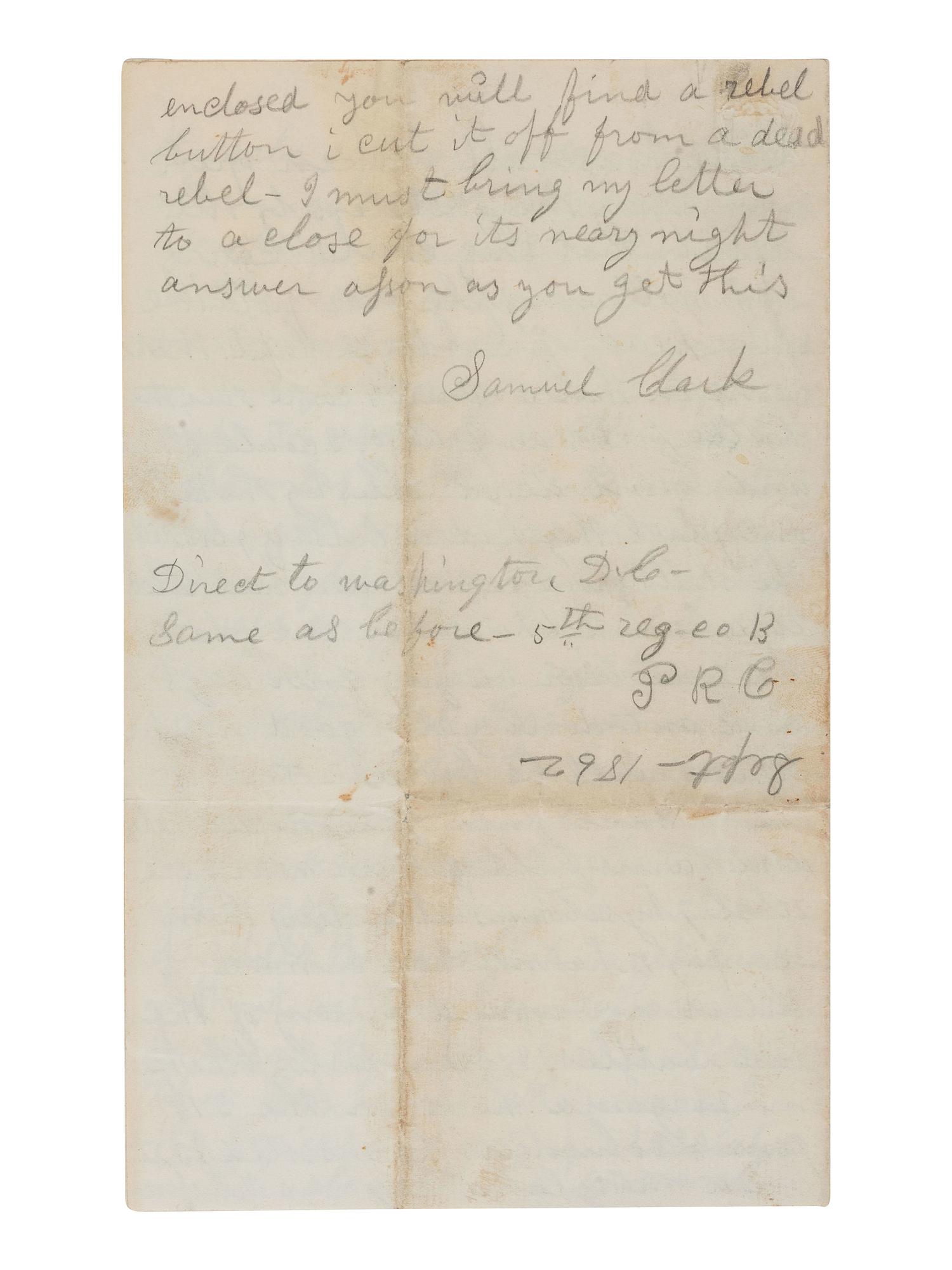 [CIVIL WAR]. Letter with graphic content describing the Battle of Antietam written by Samuel Clark, 5th Pennsylvania Reserves. Camp on Bank of the Potomac, Washington Co., MD, 21 September 1862.