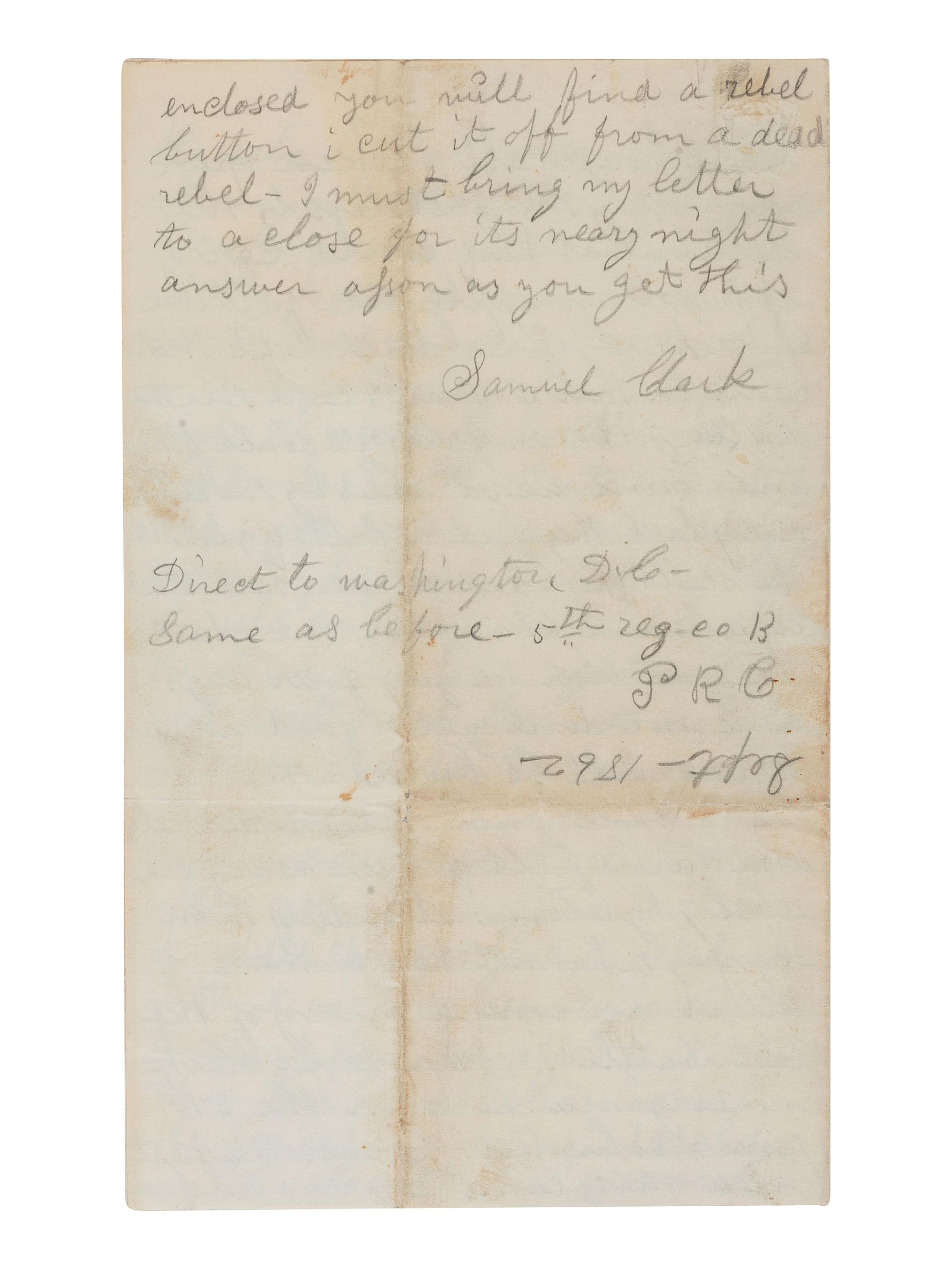 [CIVIL WAR]. Letter with graphic content describing the Battle of Antietam written by Samuel Clark, 5th Pennsylvania Reserves. Camp on Bank of the Potomac, Washington Co., MD, 21 September 1862.