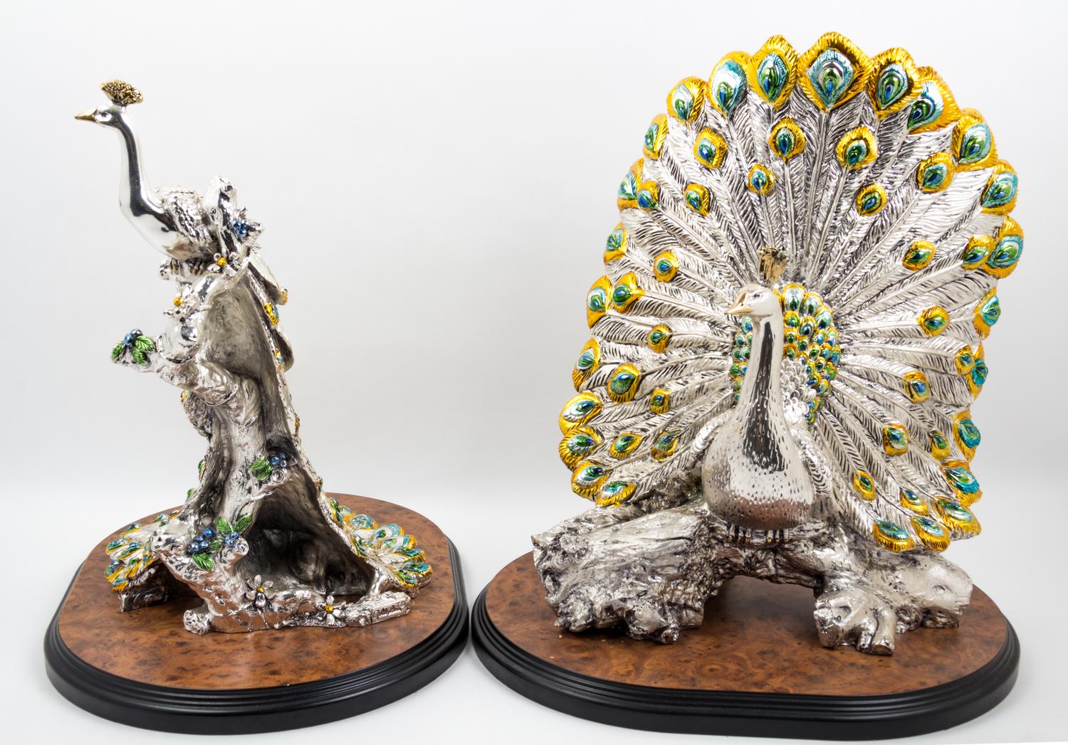 Two Italian Silver-plate Cast Resin Ornithological Figures Height of taller 22 inches.