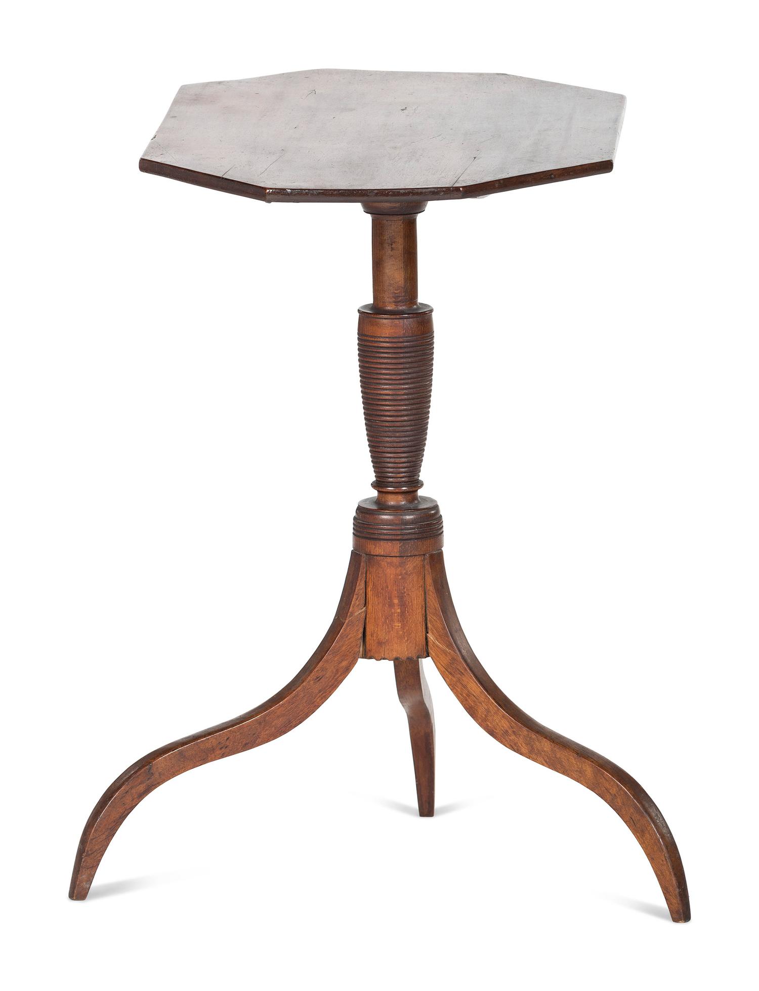 A Late Federal Turned and Chip-Carved Cherrywood Octagonal Tilt-Top Candlestand