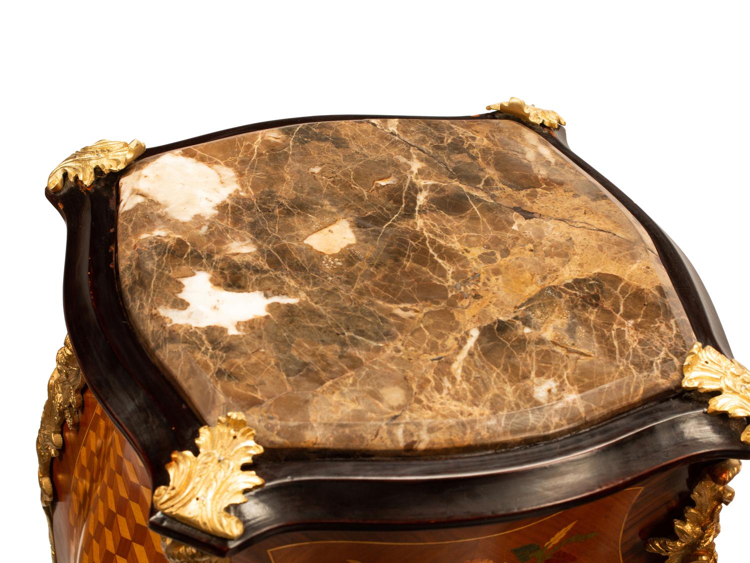 A Pair of Louis XV Style Gilt Metal Mounted Marquetry Marble-Top Pedestals