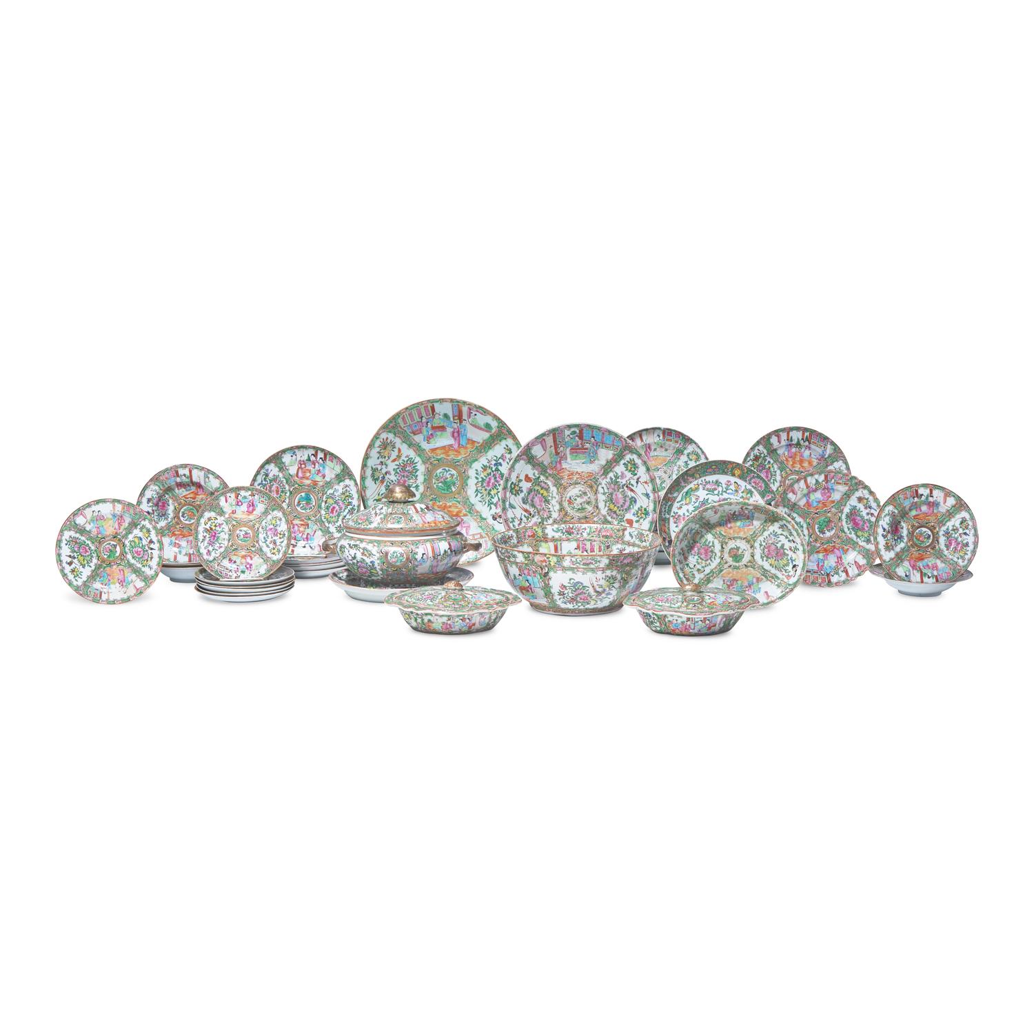 A Large Group of Thirty-Seven Chinese Export Porcelain Rose Medallion Tablewares