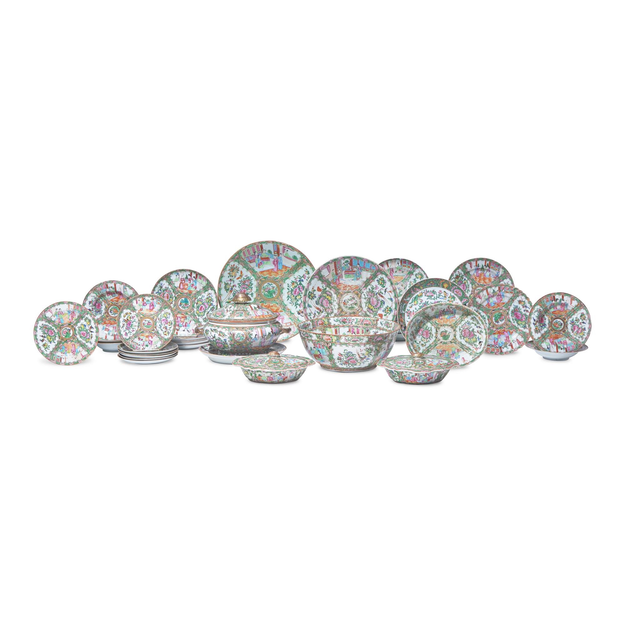 A Large Group of Thirty-Seven Chinese Export Porcelain Rose Medallion Tablewares