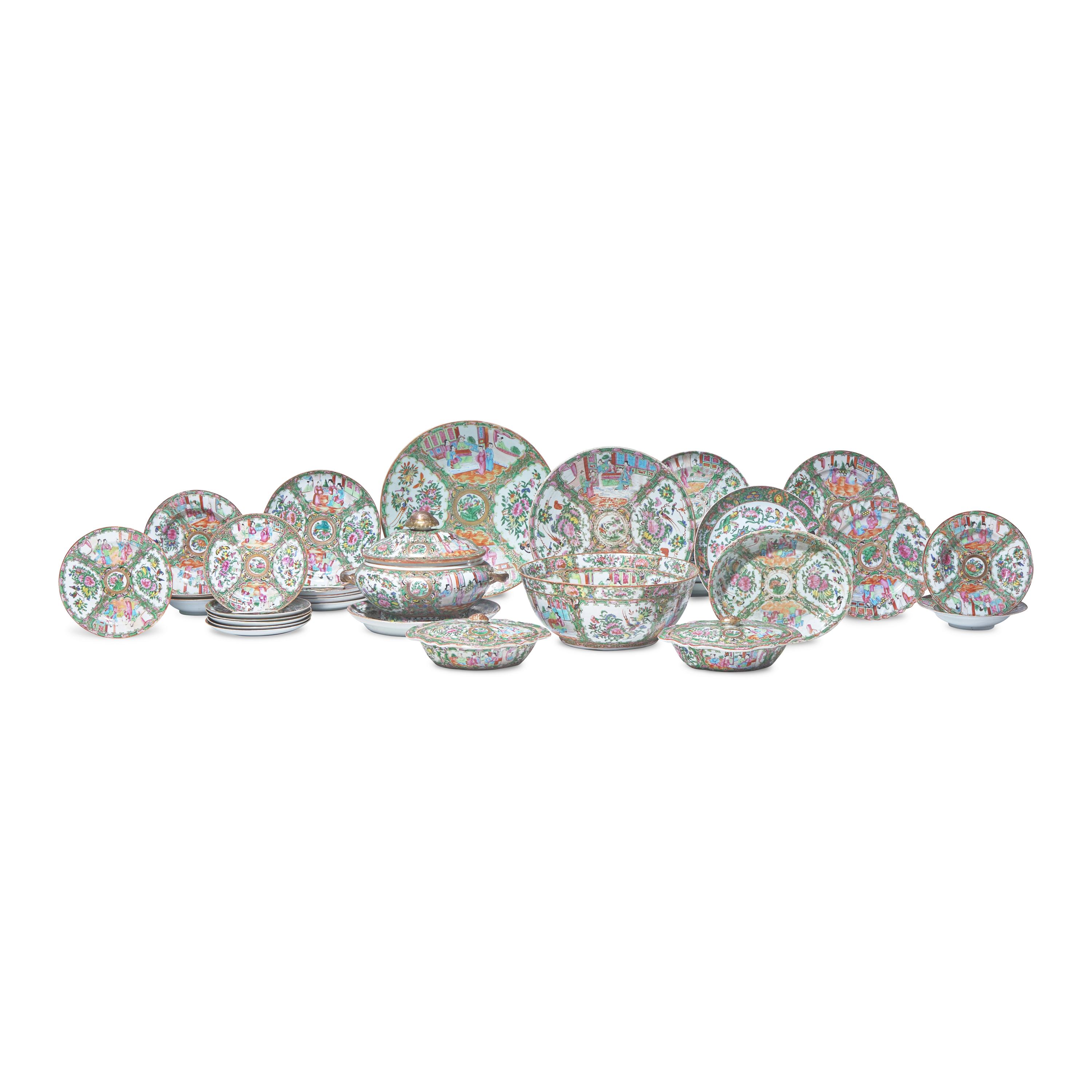 A Large Group of Thirty-Seven Chinese Export Porcelain Rose Medallion Tablewares