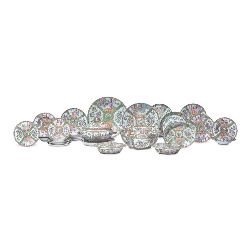 A Large Group of Thirty-Seven Chinese Export Porcelain Rose Medallion Tablewares