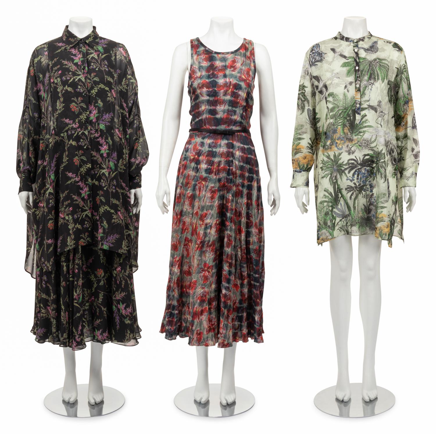 Five Christian Dior Pieces: One Silk Oversized Shirt and Skirt, One Floral Dress with Belt, One Tropical Print Tunic