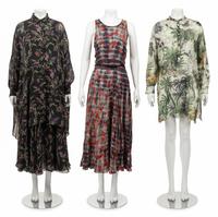 Five Christian Dior Pieces: One Silk Oversized Shirt and Skirt, One Floral Dress with Belt, One Tropical Print Tunic