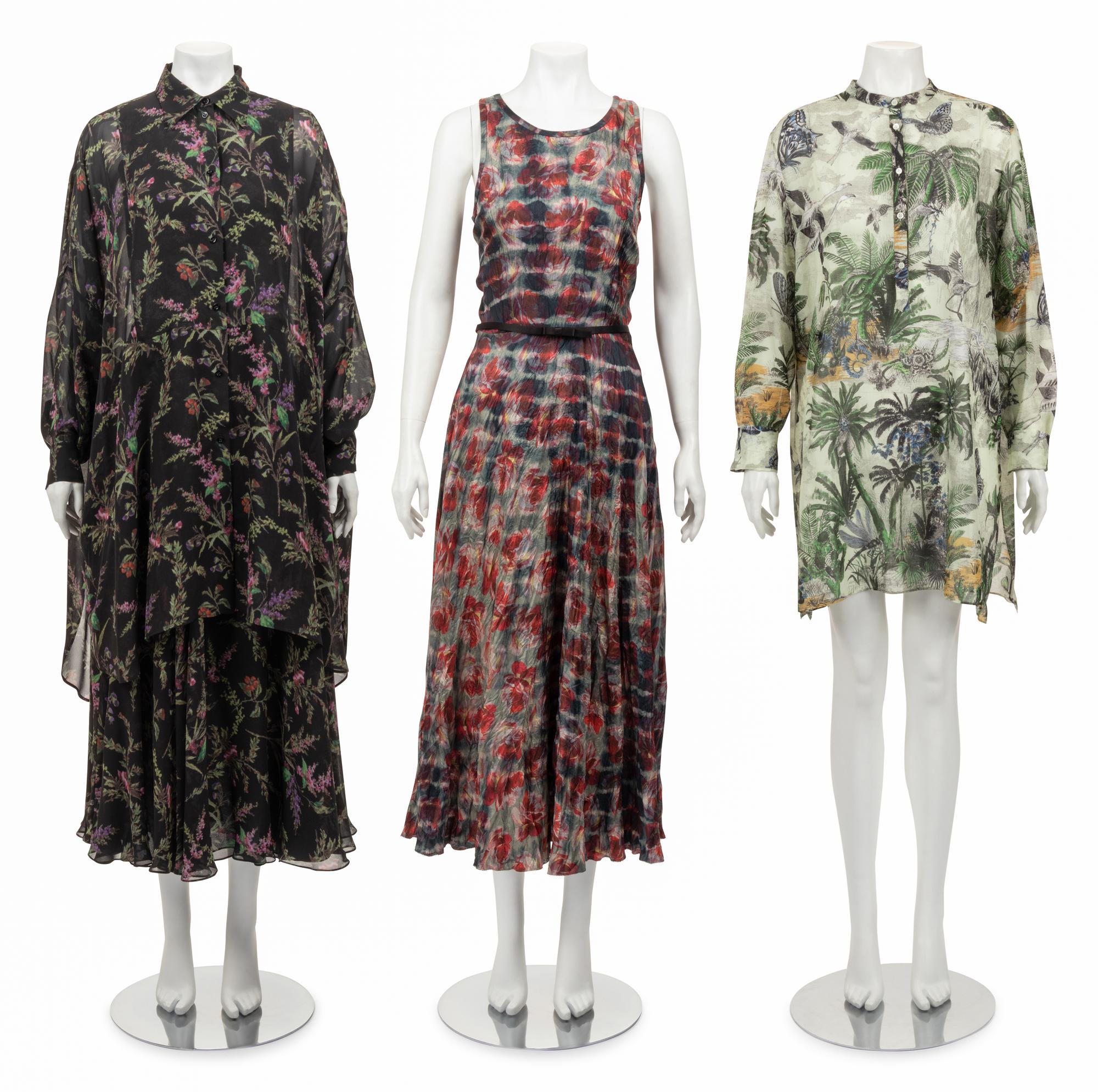 Five Christian Dior Pieces: One Silk Oversized Shirt and Skirt, One Floral Dress with Belt, One Tropical Print Tunic