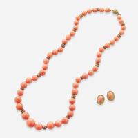 A Matching Set of Gold and Coral Earrings and Necklace