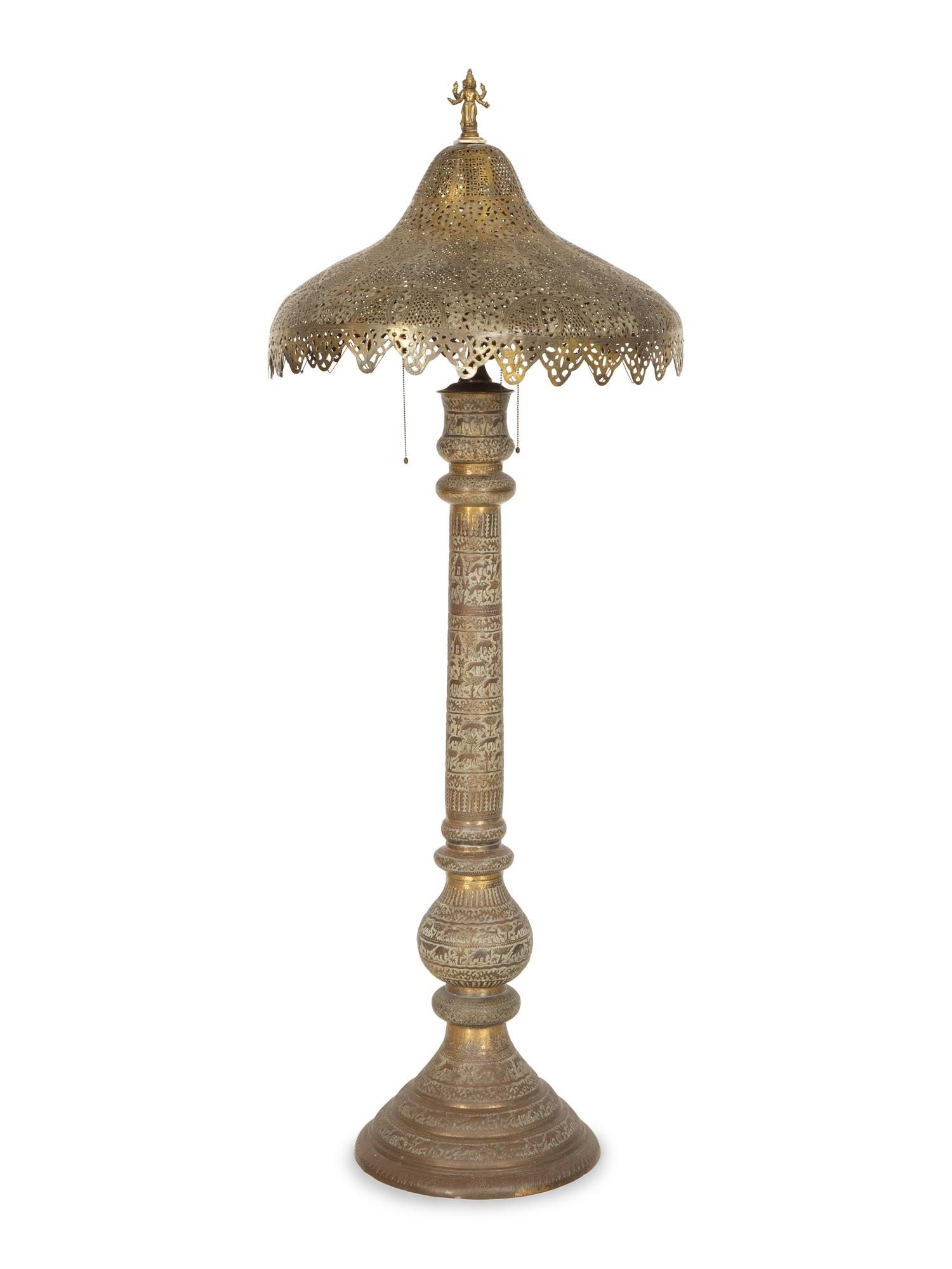 An Indian Pierced and Etched Brass Floor Lamp