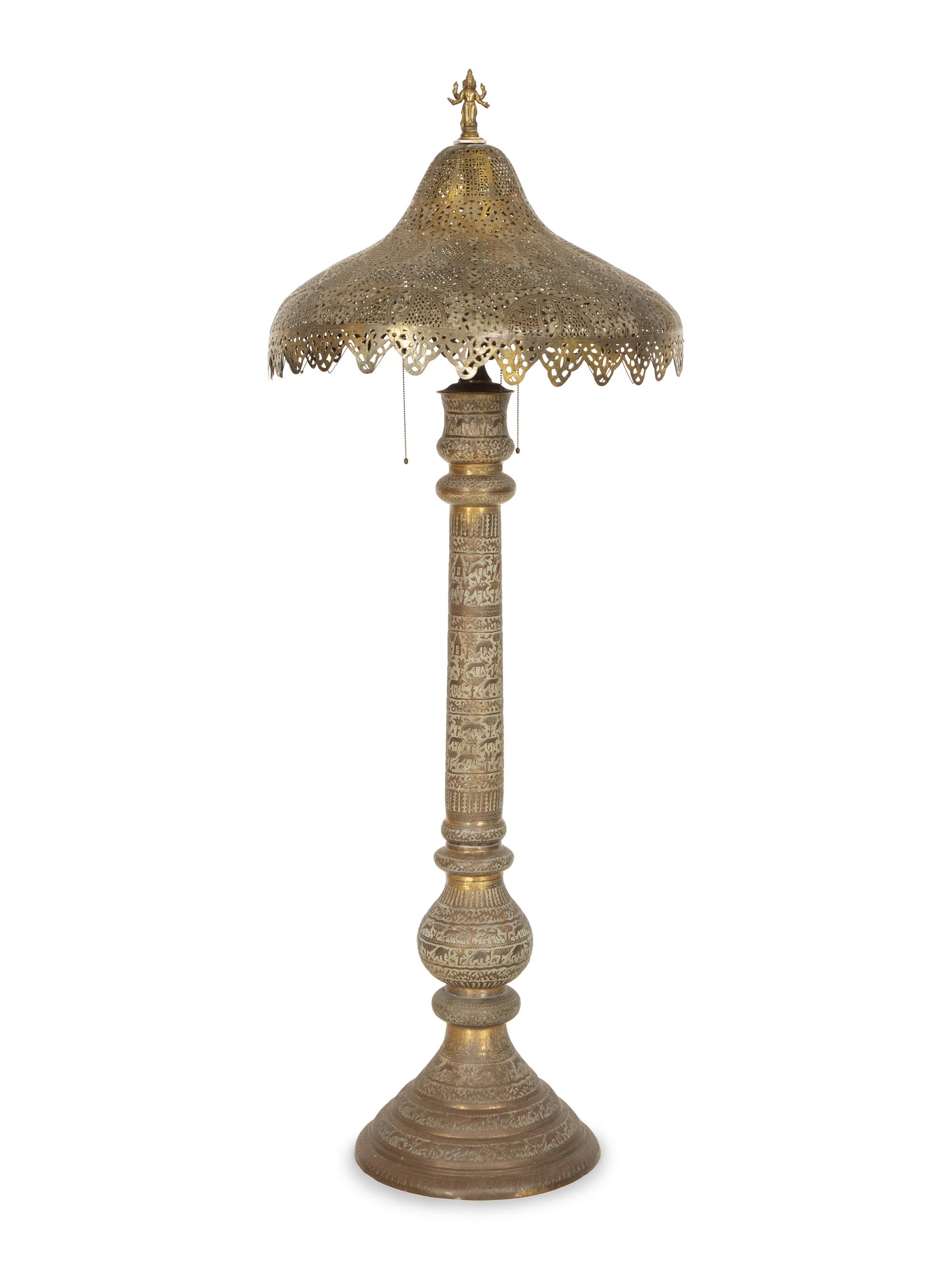 An Indian Pierced and Etched Brass Floor Lamp