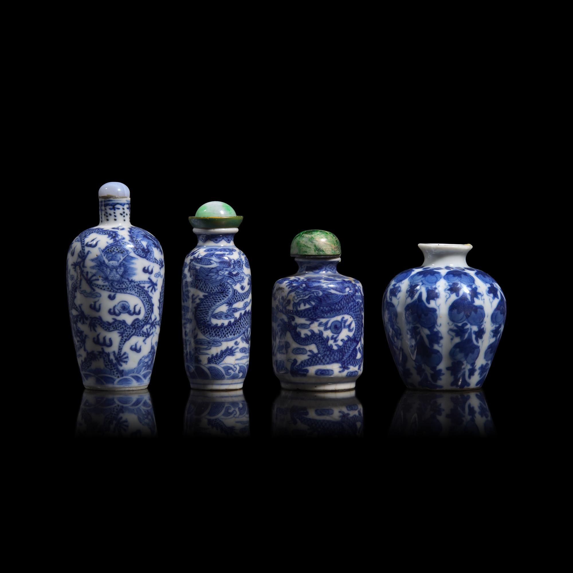 Three Chinese Blue and White Porcelain Snuff Bottles and a Snuff Jarlet, 19th Century