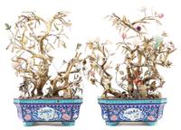 A Pair of Enamel Jardinieres With Hardstone Fruits Width 12 inches.