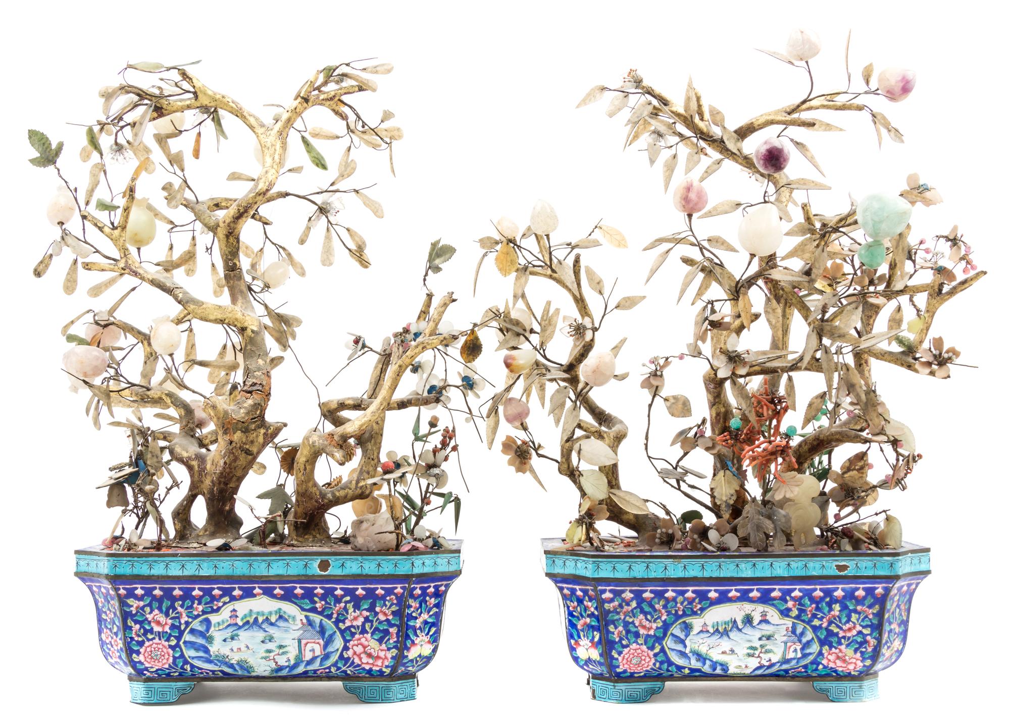 A Pair of Enamel Jardinieres With Hardstone Fruits Width 12 inches.