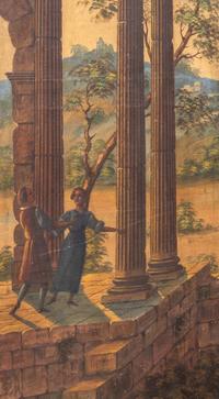 A Painted Canvas Three-Panel Floor Screen Depicting Ruins