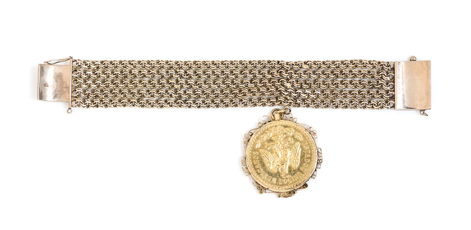 A 14 Karat Yellow Gold Bracelet with a Mexico 50 Pesos Gold Coin Charm, 66.80 dwts.