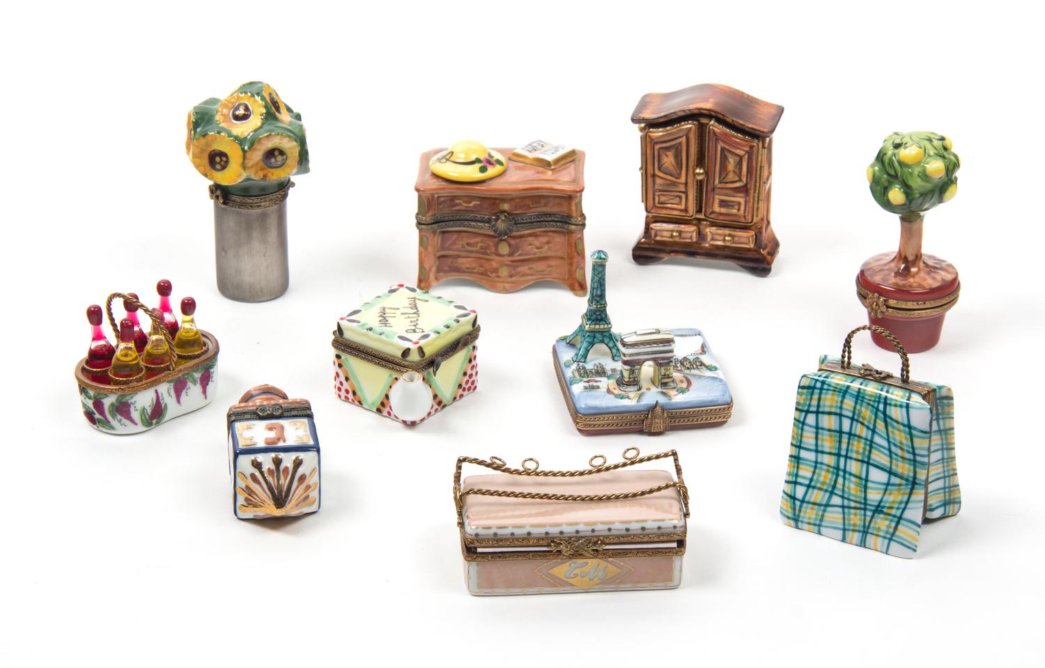 Ten Limoges Hand Painted Porcelain Novelty Boxes Height of largest 3 inches.