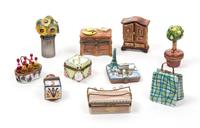 Ten Limoges Hand Painted Porcelain Novelty Boxes Height of largest 3 inches.
