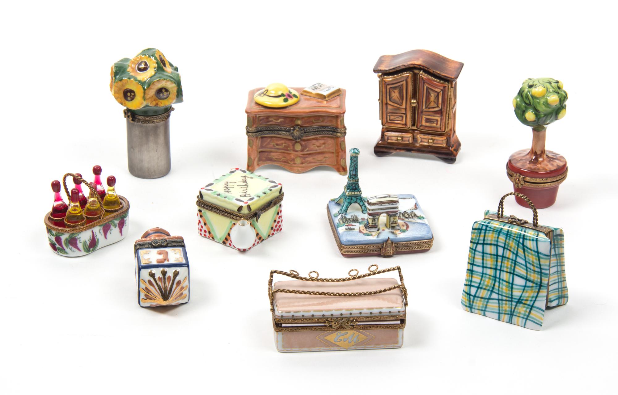 Ten Limoges Hand Painted Porcelain Novelty Boxes Height of largest 3 inches.