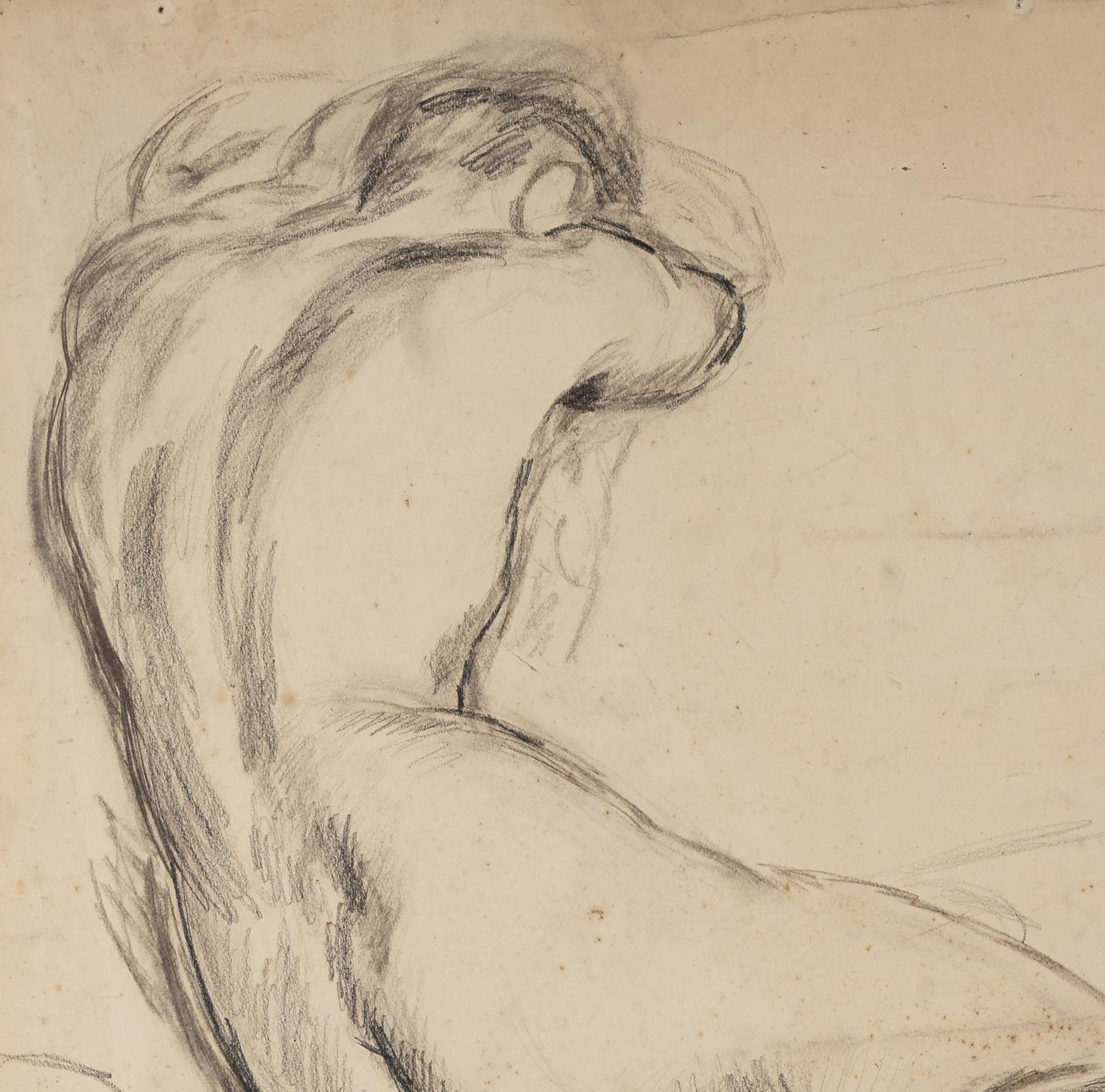 Male Nude (Back View of a Man Resting Against a Bed)