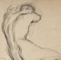 Male Nude (Back View of a Man Resting Against a Bed)