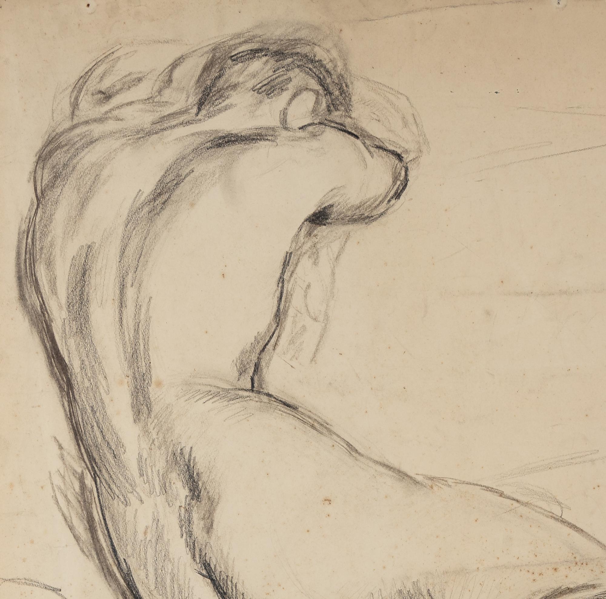 Male Nude (Back View of a Man Resting Against a Bed)
