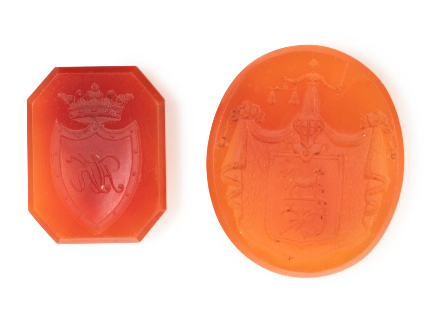 A Group of Five Carved Hardstone and Glass Wax Seals