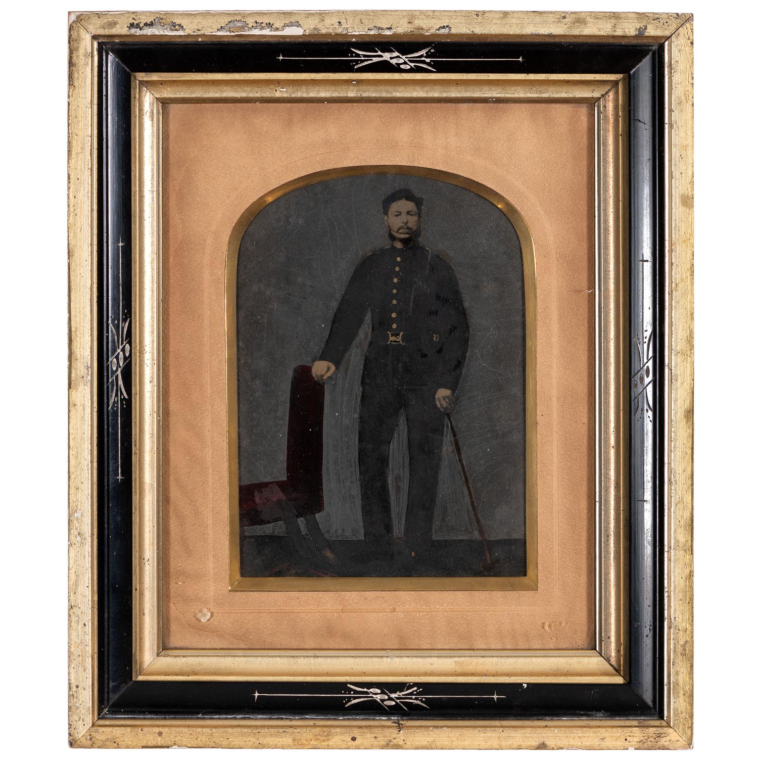 [EARLY PHOTOGRAPHY - PORTRAITURE]. A group of 6 folk art hand-painted tintypes of soldiers in uniform, comprising: