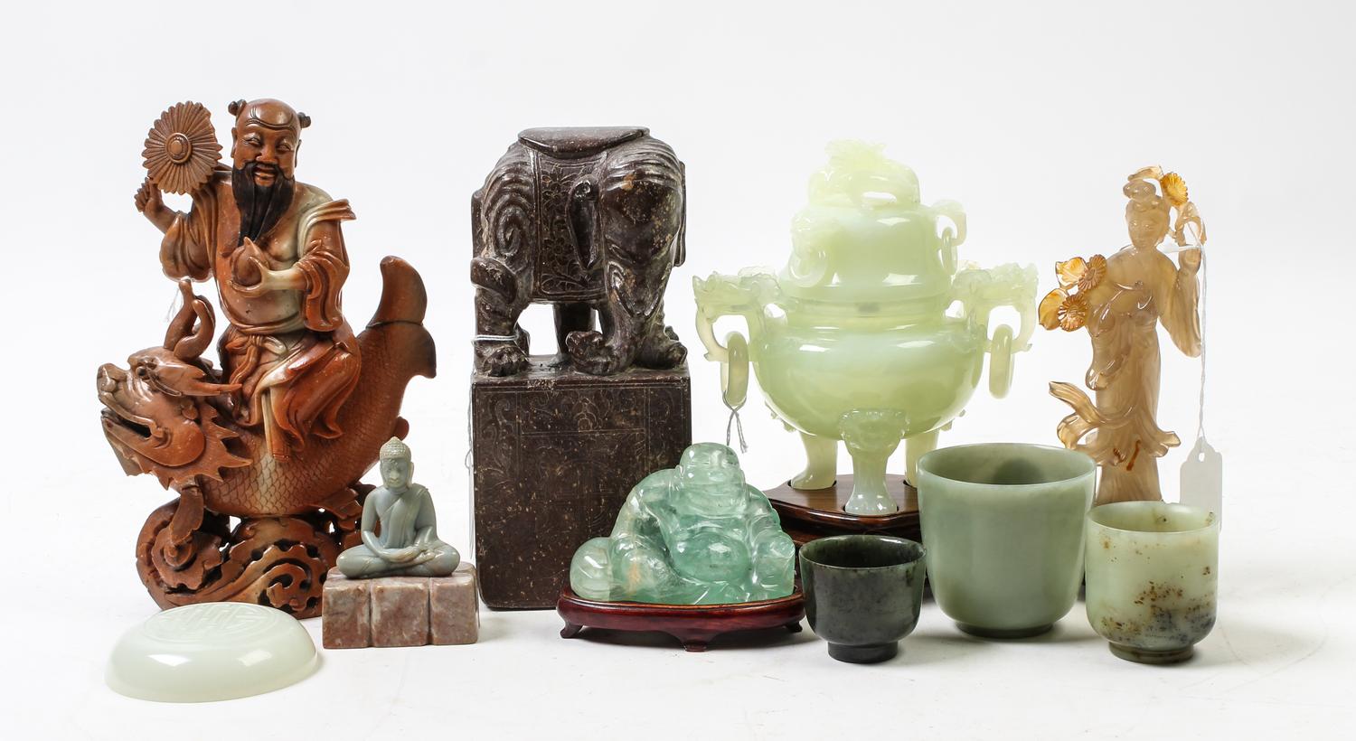 Ten Chinese Carved Hardstone Articles Height of tallest 8 3/4 inches.
