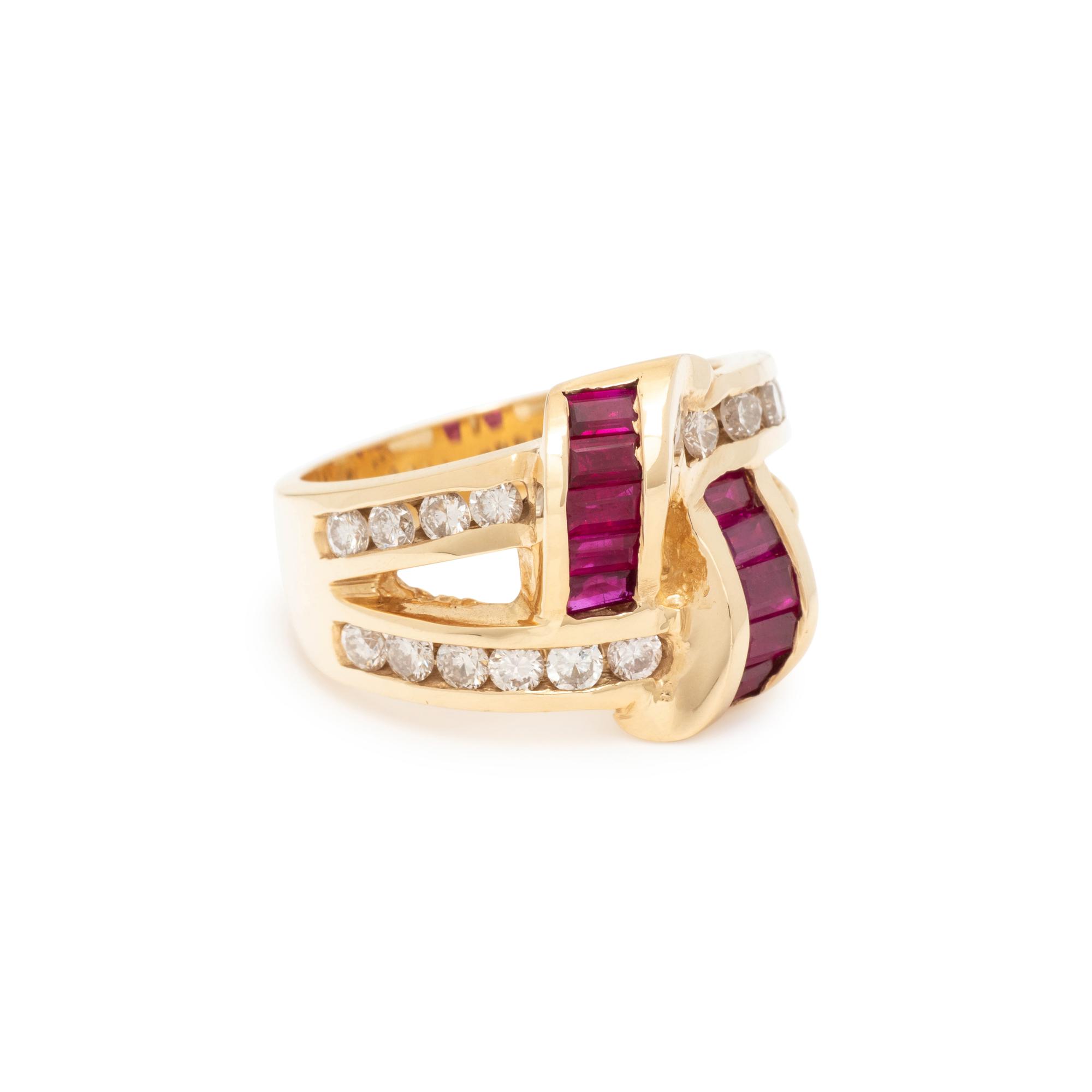 YELLOW GOLD, SYNTHETIC RUBY AND DIAMOND RING