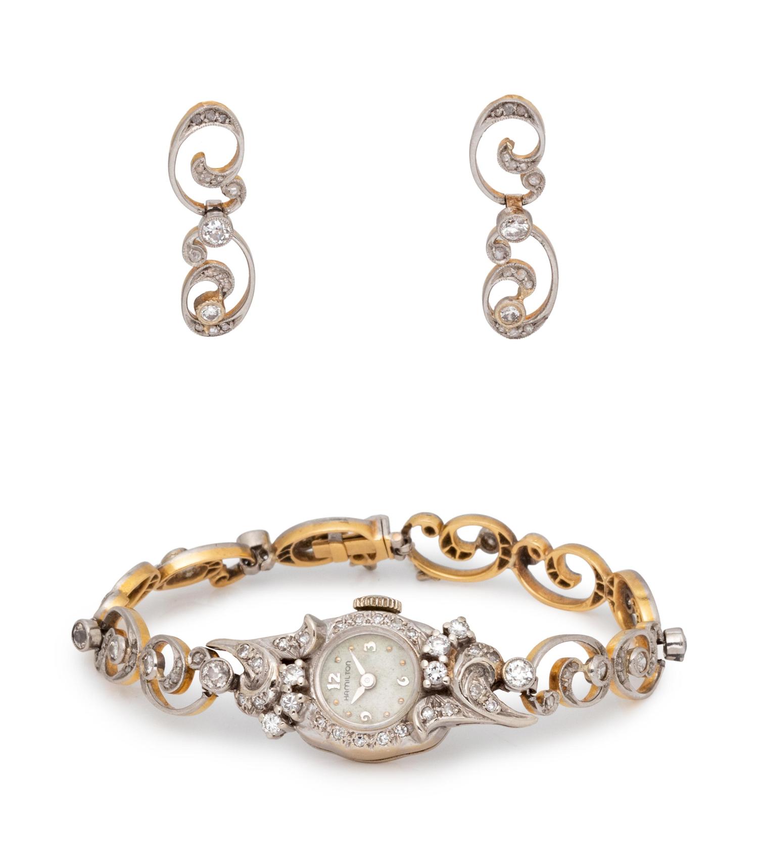 An Edwardian Platinum Topped Gold and Diamond Bracelet with Later Hamilton Watch,
