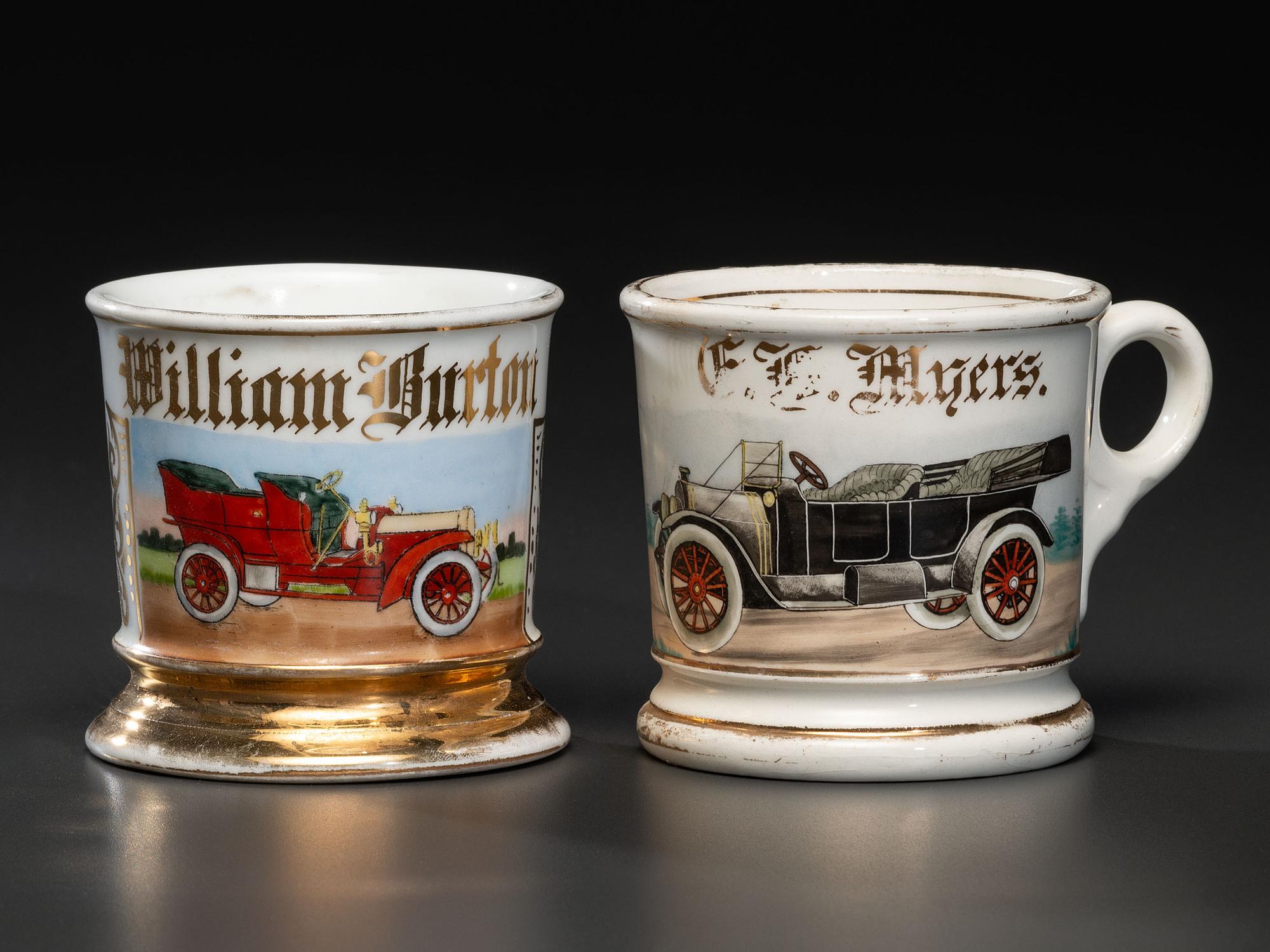 Two Shaving Mugs Depicting Open Touring Automobiles