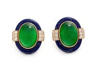 DAVID WEBB, TREATED JADE, LAPIS LAZULI AND DIAMOND EARCLIPS