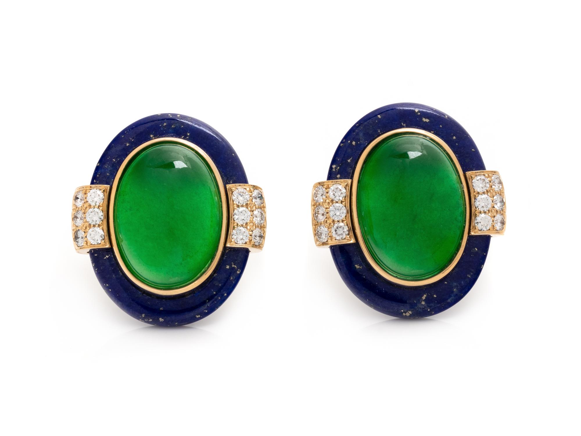 DAVID WEBB, TREATED JADE, LAPIS LAZULI AND DIAMOND EARCLIPS